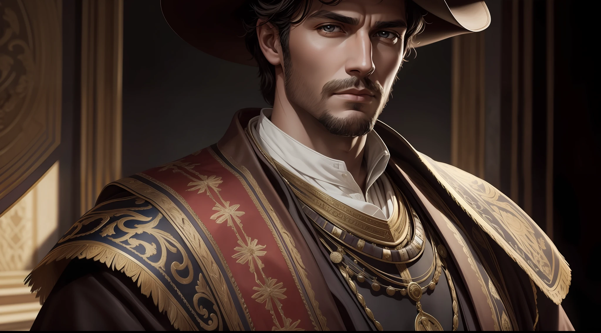 fancy man with a roman imperator clothers looks at the camera, character portrait, digital painting highly detailed, highly detailed character, realistic digital painting, photorealistic digital painting. digital painting, handsome detailed face, cowboy portrait