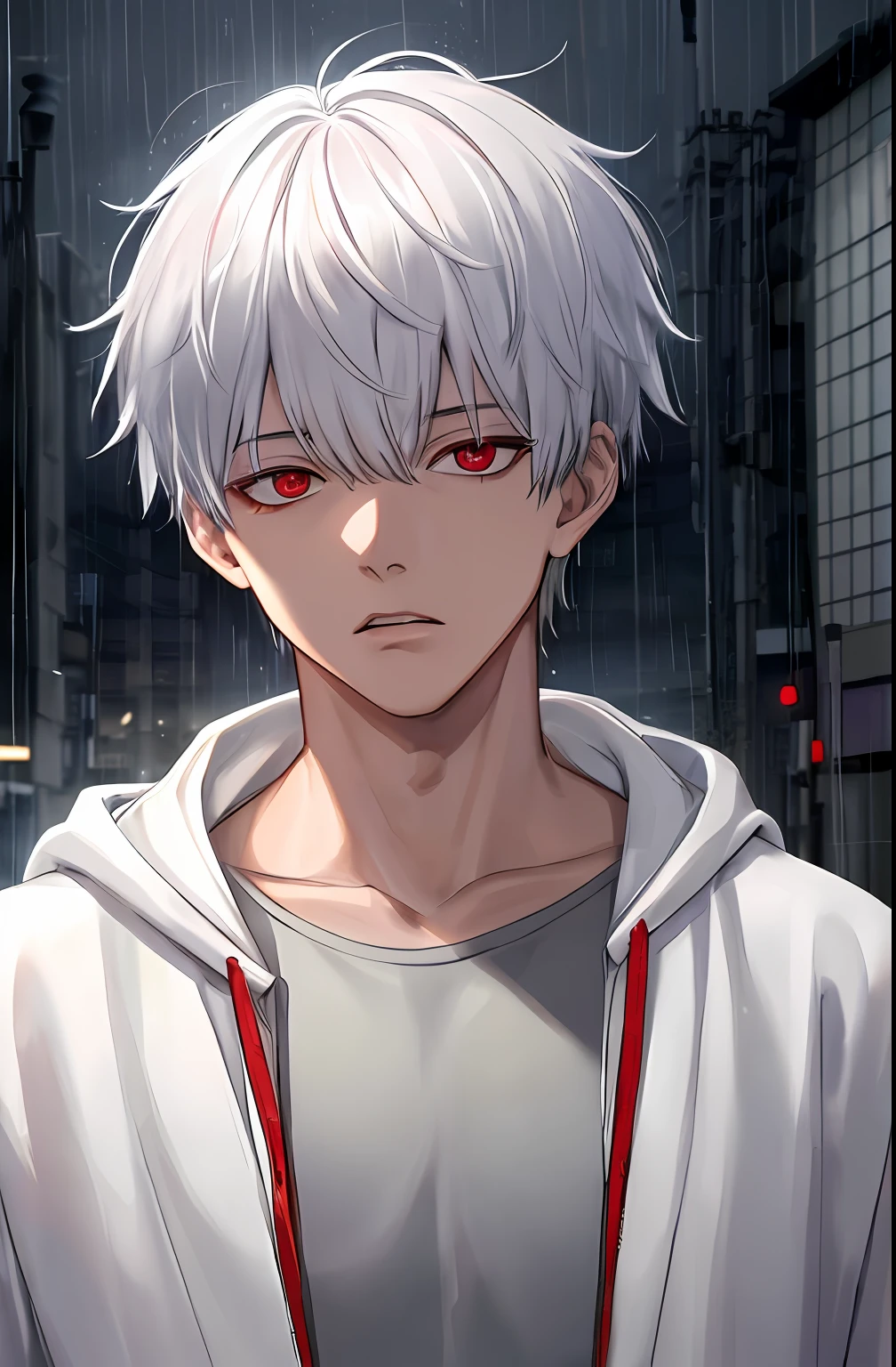 kk, best quality, more details, masterpiece, 1boy, kaneki ken, portrait, male focus, red eyes, solo, bangs, looking at viewer, hood, short hair, rain, tokyo tokyo \(city\),  hood up, nail polish, white hair, luxurious, 8k, detailed, ray tracing, depth of field, cinematic lighting,