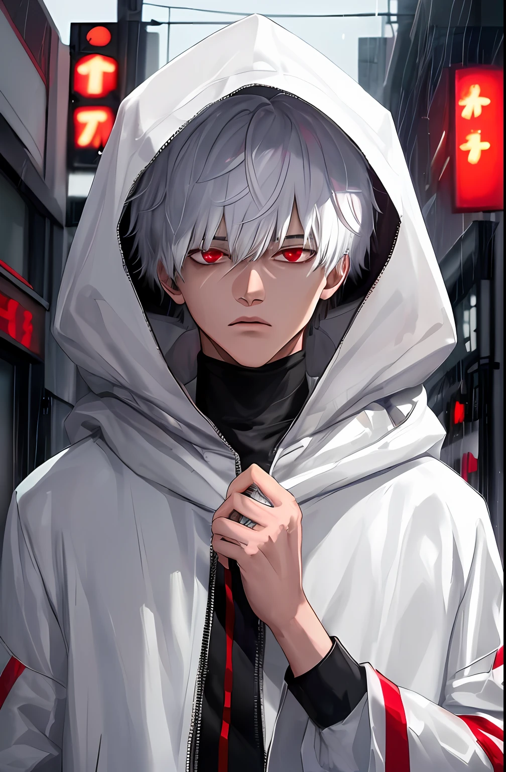 kk, best quality, more details, masterpiece, 1boy, kaneki ken, portrait, male focus, red eyes, solo, bangs, looking at viewer, hood, short hair, rain, tokyo tokyo \(city\),  hood up, nail polish, white hair, luxurious, 8k, detailed, ray tracing, depth of field, cinematic lighting,