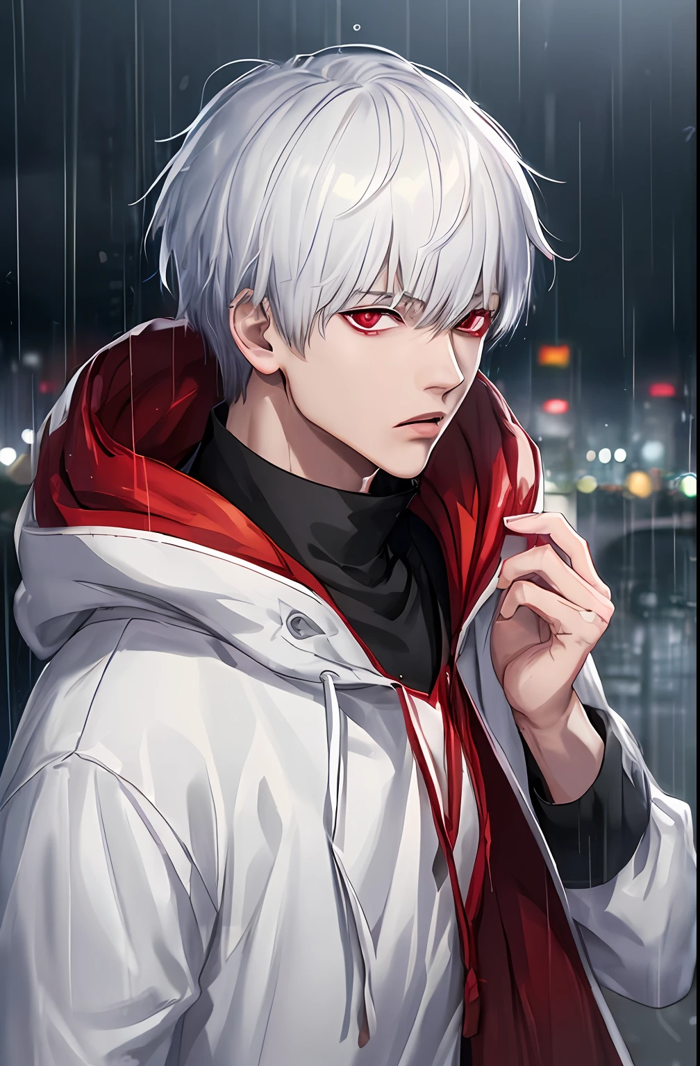 kk, best quality, more details, masterpiece, 1boy, kaneki ken, portrait, male focus, red eyes, solo, bangs, looking at viewer, hood, short hair, rain, tokyo tokyo \(city\), hood up, nail polish, white hair, luxurious, 8k, detailed, ray tracing, depth of field, cinematic lighting,