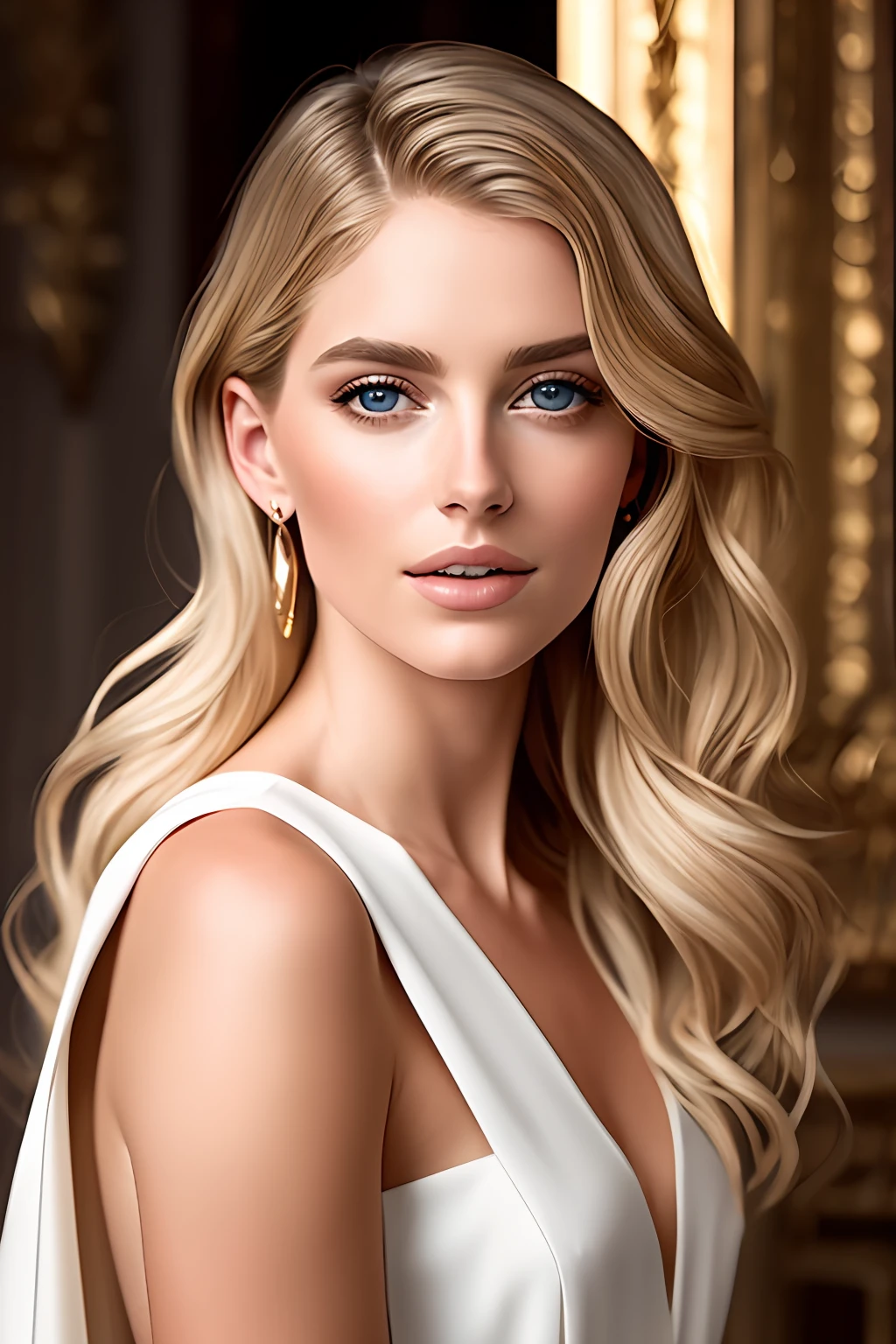 A stunning blonde woman gazes into the distance with her piercing blue eyes, surrounded by a dreamlike atmosphere. The image showcases her elegant features, radiant complexion, and flowing golden locks. The artistic style draws inspiration from impressionist paintings, infusing vibrant colors, gentle brushstrokes, and soft lighting to capture the ethereal beauty of the subject. The composition highlights the woman's graceful posture, emphasizing her sophistication and allure. The overall ambiance exudes an air of elegance and enchantment, making it a captivating piece of art. --v 5 --ar 3:4 --q 2