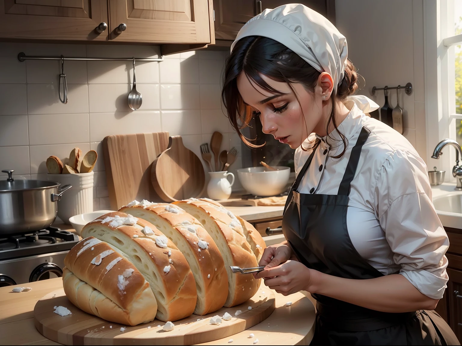 An image of the woman preparing bread with the leavened dough, ready for baking.