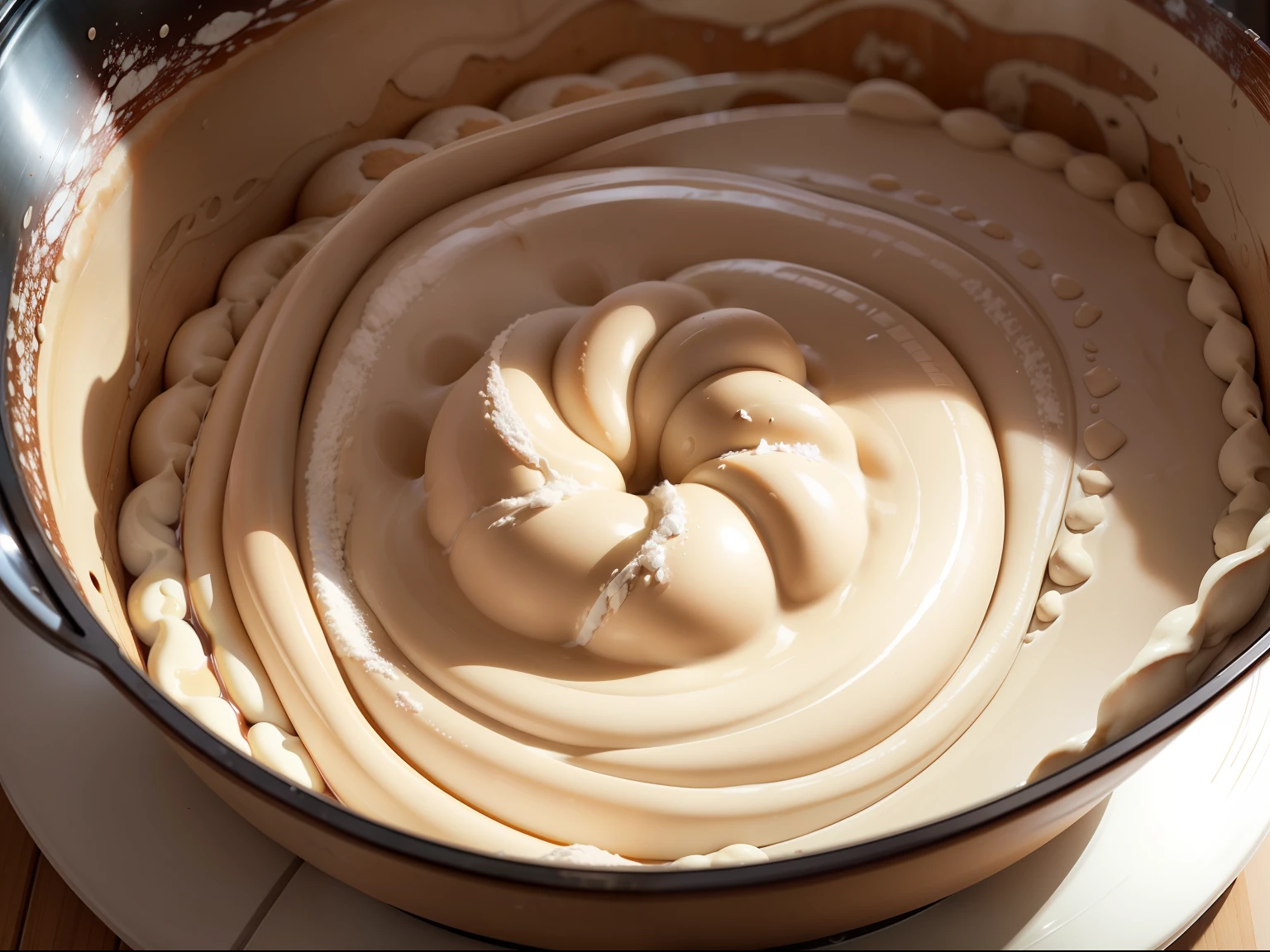 A close-up of the leaven interacting with the dough, capturing the process of fermentation.