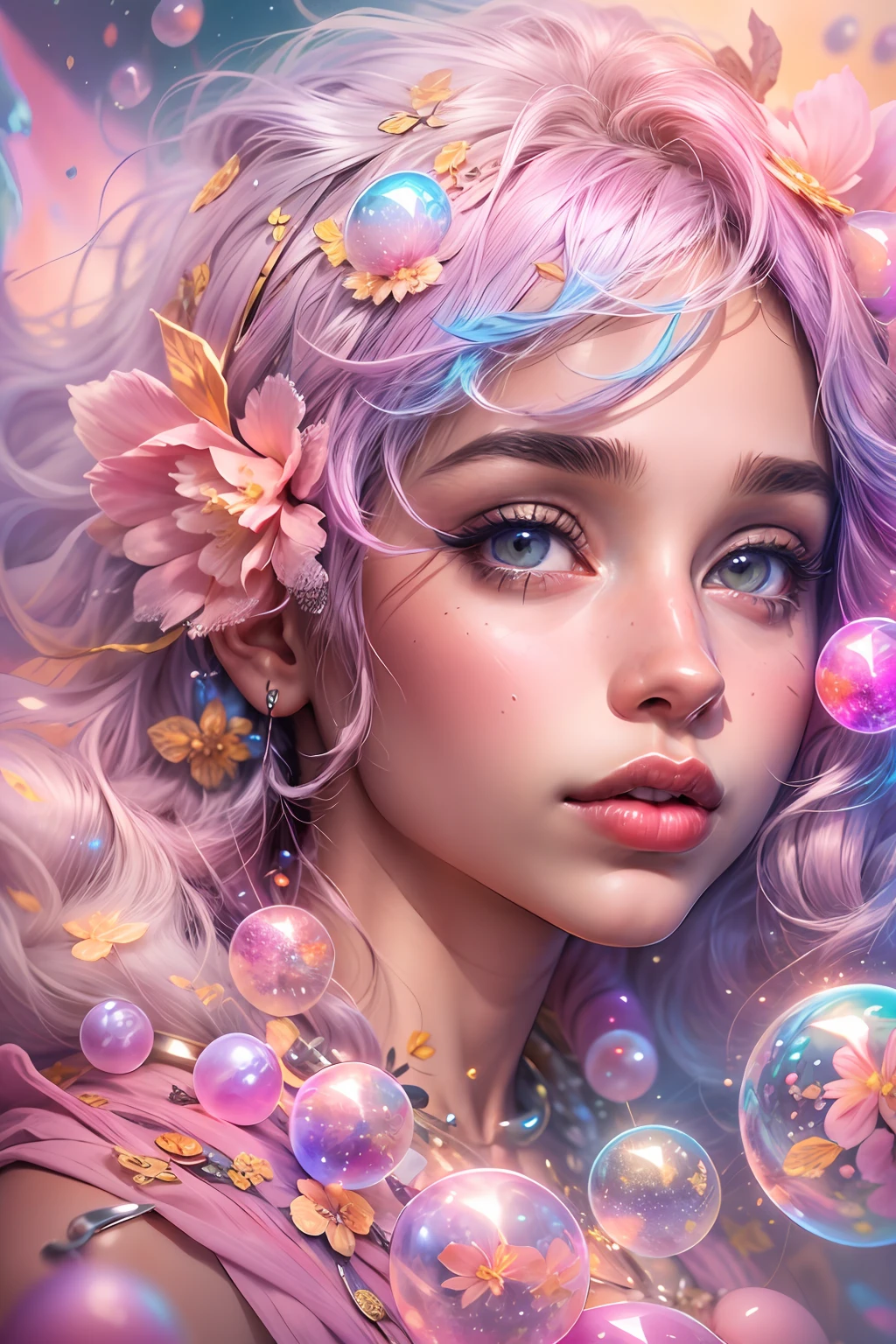 ((masterpiece)). This artwork is sweet, dreamy and ethereal, with soft pink watercolor hues and candy accents. Generate a delicate and demure fae exploring a (bubblegum world with a wide variety of pastel shades). Her sweet face is extremely detailed and realistic with elegant features and a fierce expression, and looks like ((((naomi scott)))). Include mature features and stunning, highly realistic eyes. Her eyes are important and should be realistic, highly detailed, and beautiful. In high definition and detail, include lots of details like stars, galaxies, colorful bubbles, colorful petals, and lots of energy and emotion! The stars and colorful bubblegum bubbles are important! Include fantasy details, enhanced details, iridescence, colorful glittering wind, and pollen. Pay special attention to her face and make sure it is beautifully and realistically detailed. The image should be dreamy and ethereal.8k, intricate, elegant, highly detailed, majestic, digital photography