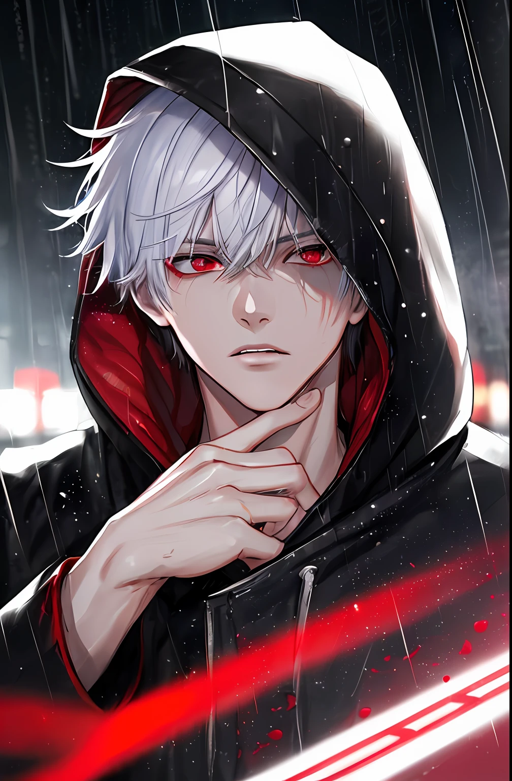 kk, best quality, more details, masterpiece, 1boy, kaneki ken, portrait, male focus, red eyes, solo, bangs, looking at viewer, hood, short hair, rain, tokyo tokyo \(city\),  hood up, nail polish, white hair, luxurious, 8k, detailed, ray tracing, depth of field, cinematic lighting,