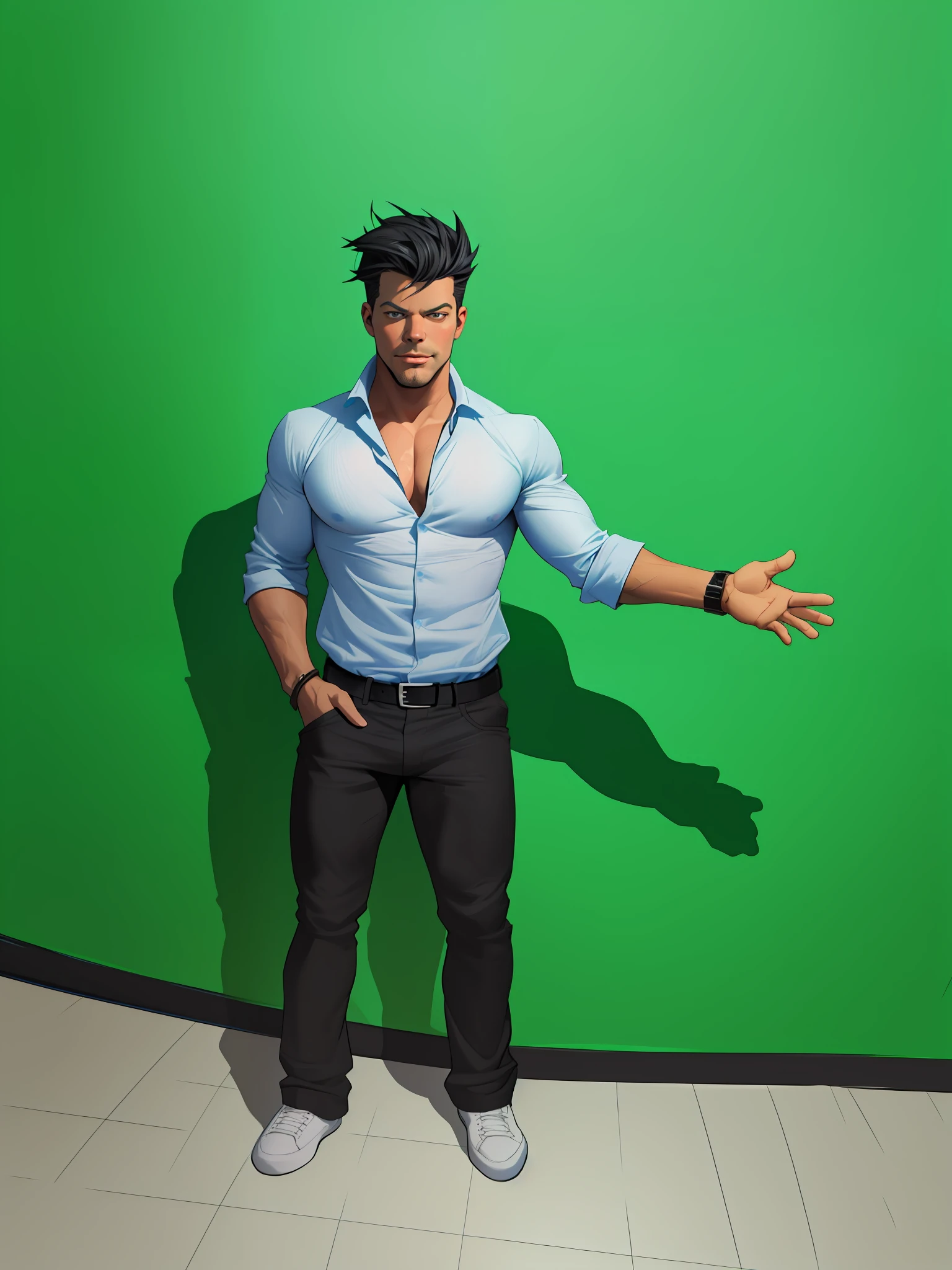 turn this man to cartoon style, with black skin, blue shirt, handsome man, with ricky martin head