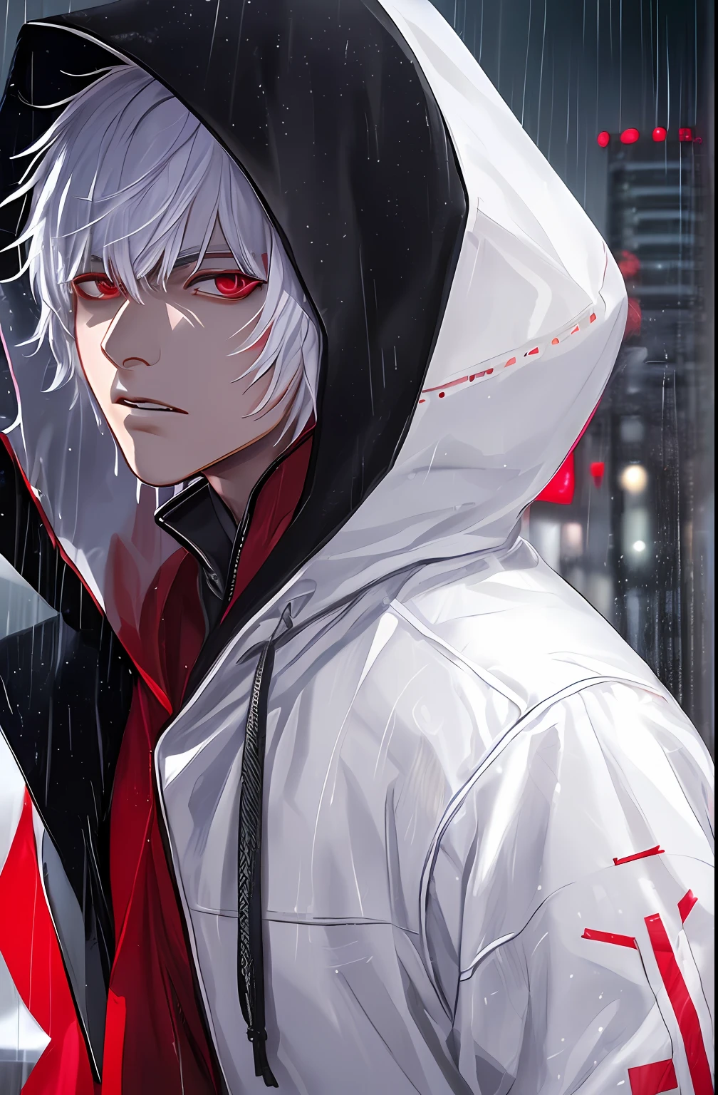 kk, best quality, more details, masterpiece, 1boy, kaneki ken, portrait, male focus, red eyes, solo, bangs, looking at viewer, hood, short hair, rain, tokyo tokyo \(city\), hood up, nail polish, white hair, luxurious, 8k, detailed, ray tracing, depth of field, cinematic lighting,