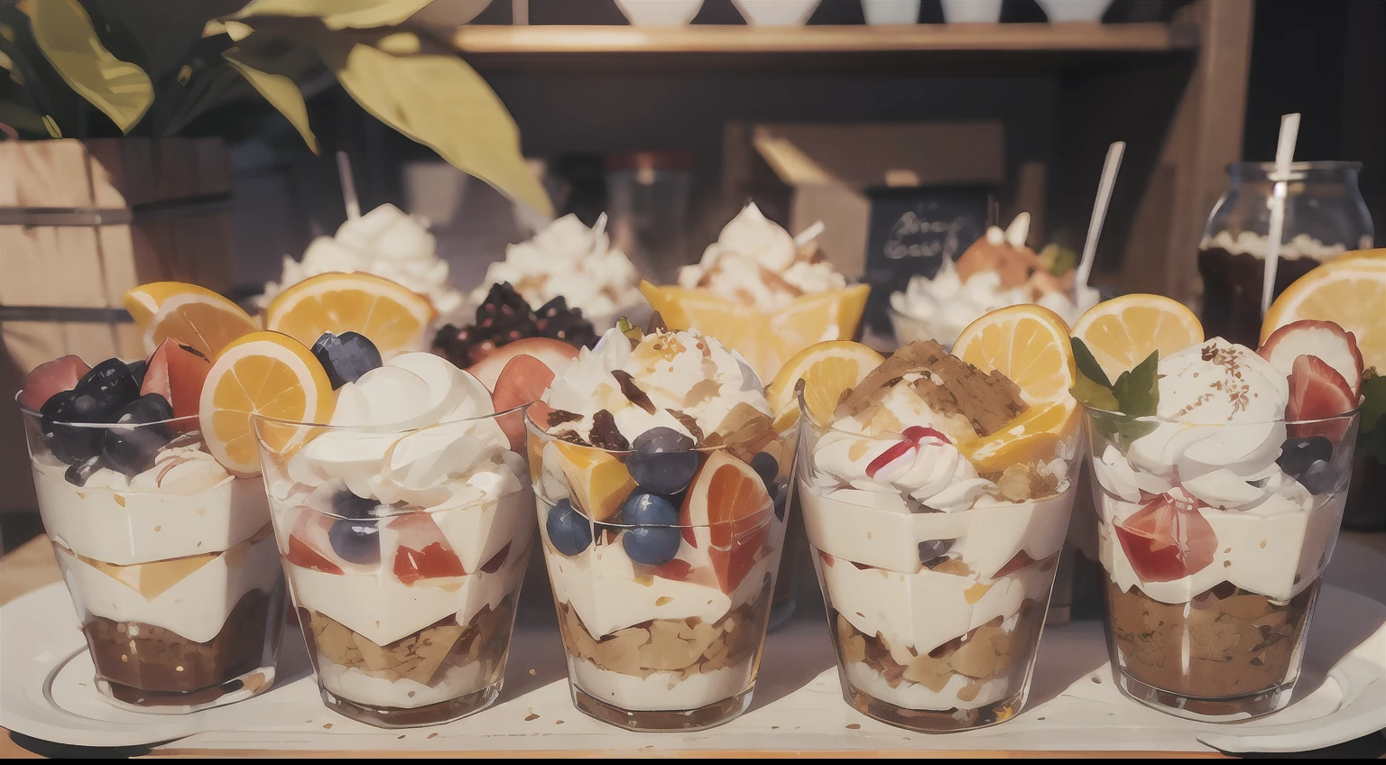 Realistic hand drawn style with cute elf characters、Everyone is eating a big parfait for the party