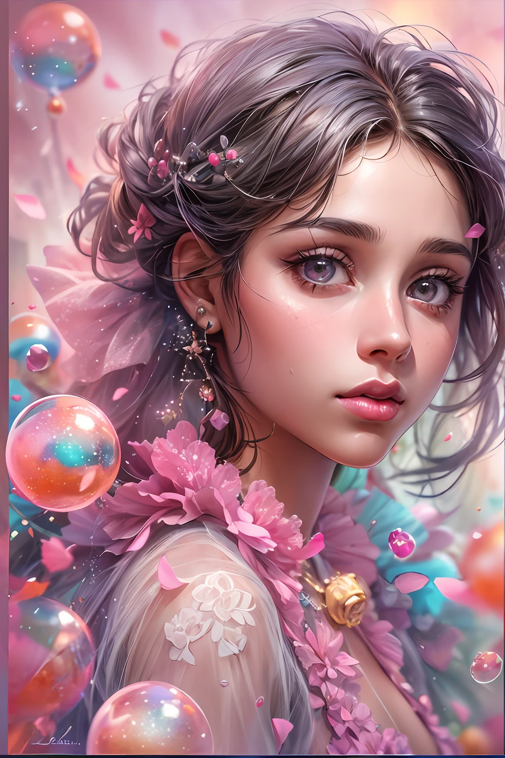 ((masterpiece)). This artwork is sweet, dreamy and ethereal, with soft pink watercolor hues and candy accents. Generate a delicate and demure fae exploring a (bubblegum world with a wide variety of pastel shades). Her sweet face is extremely detailed and realistic with elegant features and a fierce expression, and looks like ((((naomi scott)))). Include mature features and stunning, highly realistic eyes. Her eyes are important and should be realistic, highly detailed, and beautiful. In high definition and detail, include lots of details like stars, galaxies, colorful bubbles, colorful petals, and lots of energy and emotion! The stars and colorful bubblegum bubbles are important! Include fantasy details, enhanced details, iridescence, colorful glittering wind, and pollen. Pay special attention to her face and make sure it is beautifully and realistically detailed. The image should be dreamy and ethereal.8k, intricate, elegant, highly detailed, majestic, digital photography