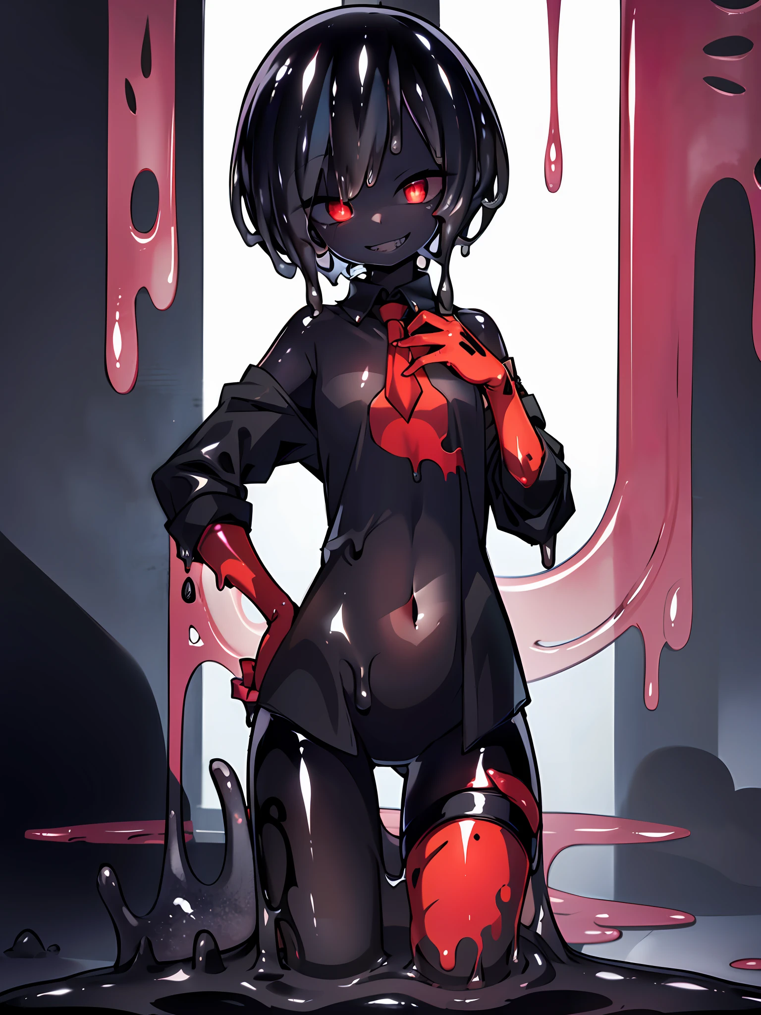 (best quality, detailed drawn hands, realistic fingers), (masterpiece, sidelighting, finely detailed beautiful eyes: 1.2), ((best quality)), ((masterpiece)), (highly detailed:1.3), anime, loli girl, small chest, childish body, (black shirt, shirt with bare shoulders), pale skin, (shadow cast on eyes, darkened eyes, red eyes), (sharp teeth, smirk, evilish smile, mischevious smile), (short-medium hair, black hair, fancy haircut), red tatto on left hand, scar on left hip,