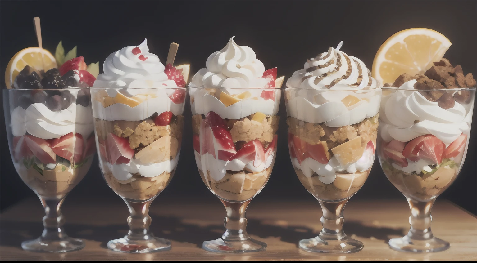 Realistic hand drawn style with cute elf characters、Everyone is eating a big parfait for the party