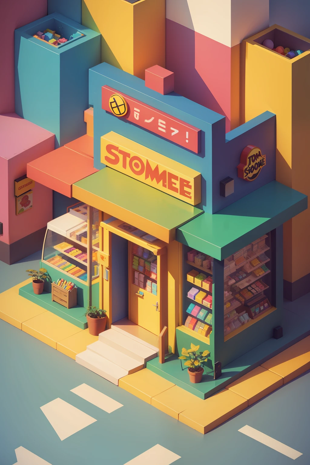 "isometric cartoon store with vibrant colors and lively characters"