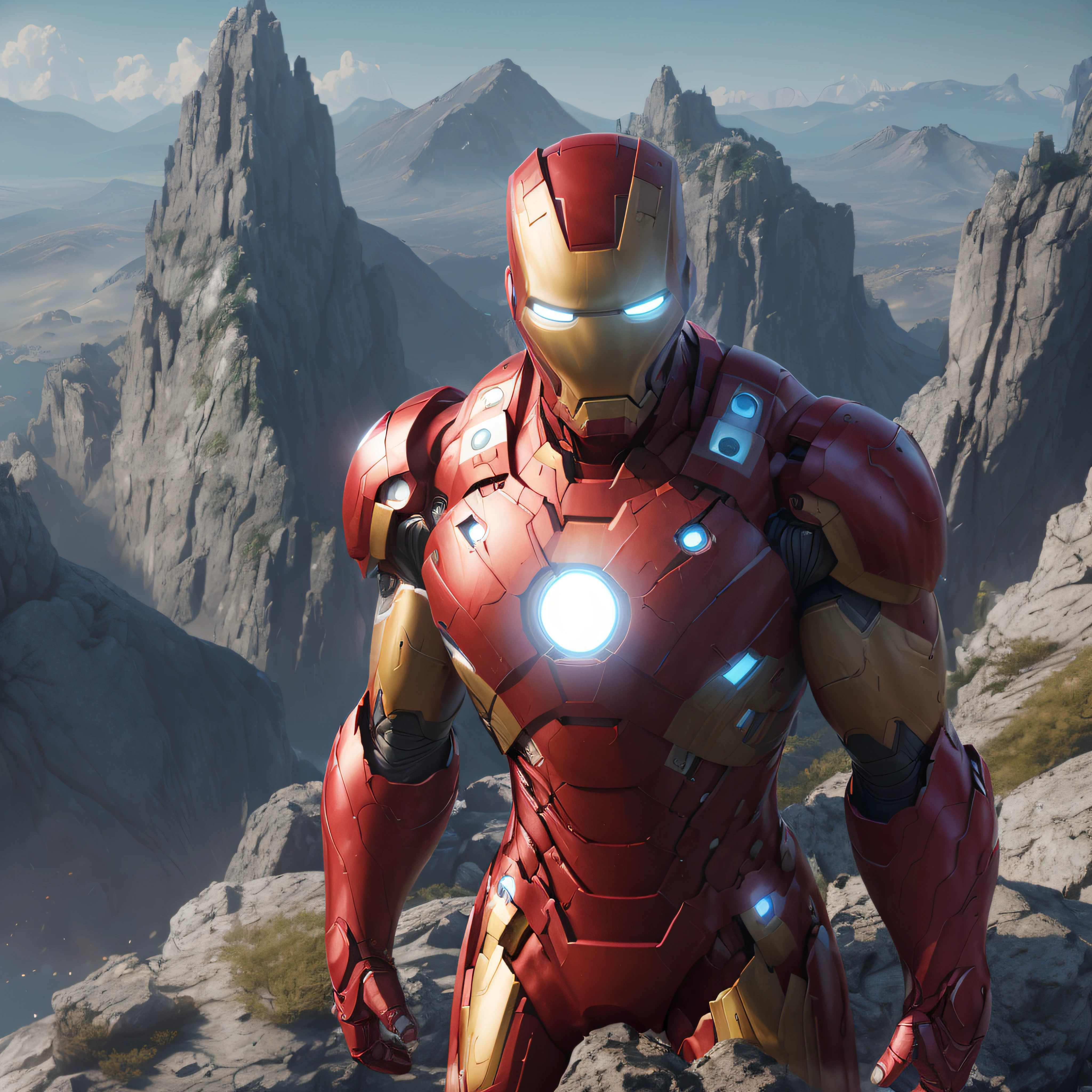"(Ultra-HD), Ray Traced, Ray Tracing Ambient Occlusion: FXAA: RTX, Iron Man standing on a majestic mountain, wearing advanced technological armor, in an ultra futuristic setting."