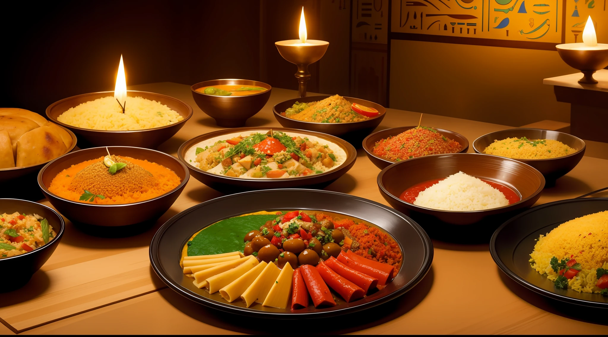 "Egyptian cuisine and delicacies, enticing flavors, traditional dishes, spices, vibrant colors, mouth-watering presentation"