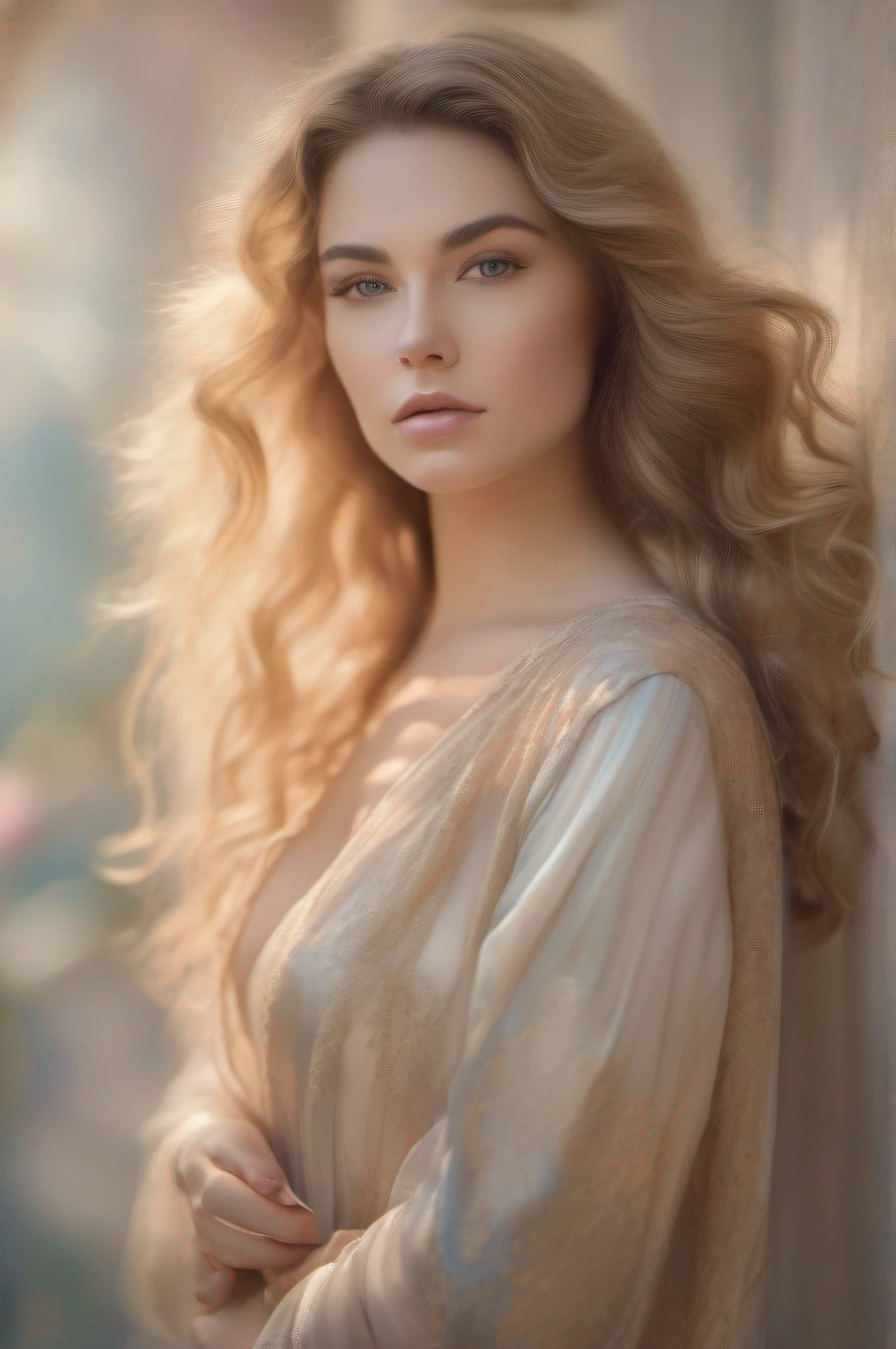 Medium shot, Aphrodite, elegant, beautiful, flowing hair, Nikon D850 camera, 85mm lens, soft studio lighting, pastel gloden color scheme, neoclassical fine art painting, subtle grain texture, gentle shadows and highlights added in post, best quality, beautiful, film grain