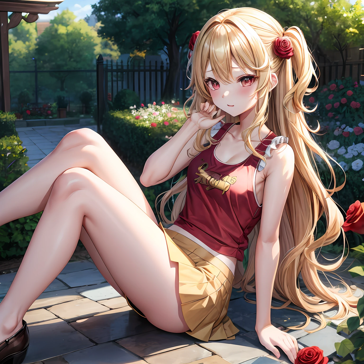 Wavy blonde、red eyes、One pretty girl、独奏、animesque、Tank tops、a miniskirt、rose garden、sitting on、A sexy