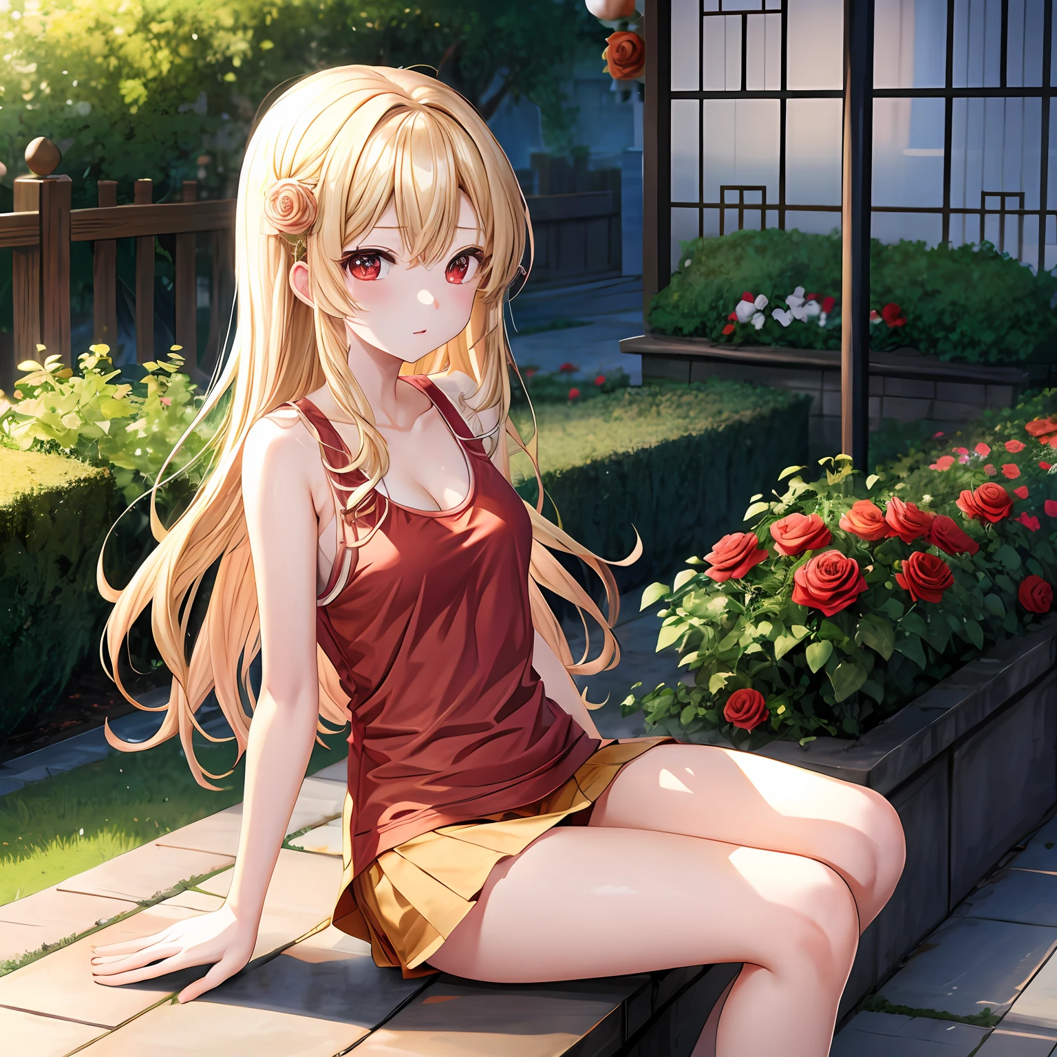 Wavy blonde、red eyes、One pretty girl、独奏、animesque、Tank tops、a miniskirt、rose garden、sitting on、A sexy
