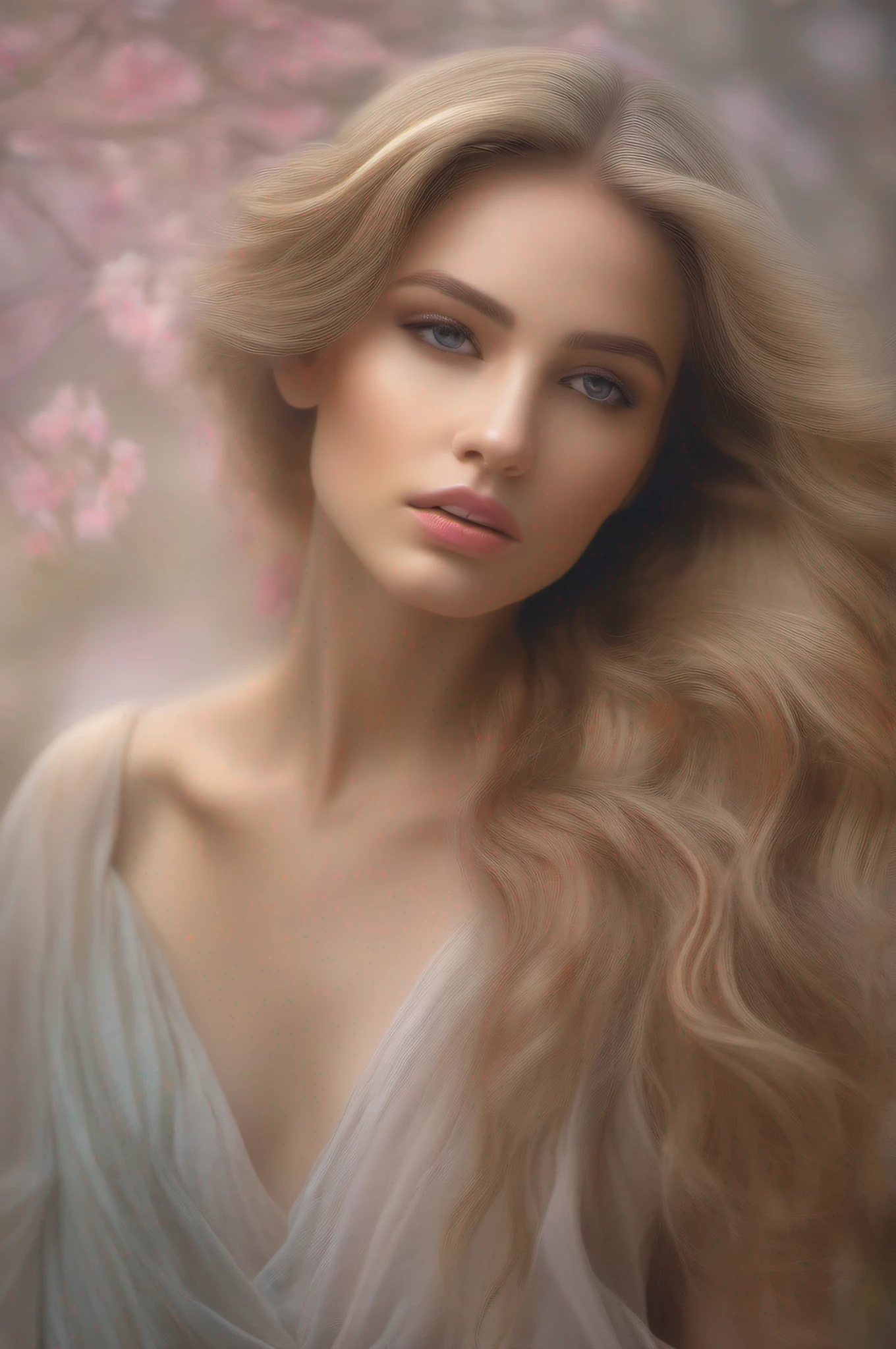 Medium shot, Aphrodite, elegant, Beautiful, Flowing hair, Nikon D850 camera, 85mm lens, Soft studio lighting, Pastel Groden color scheme, Neoclassical fine art painting, Subtle grained texture, Soft shadows and highlights were added later, Best quality, Beautiful, filmgrain