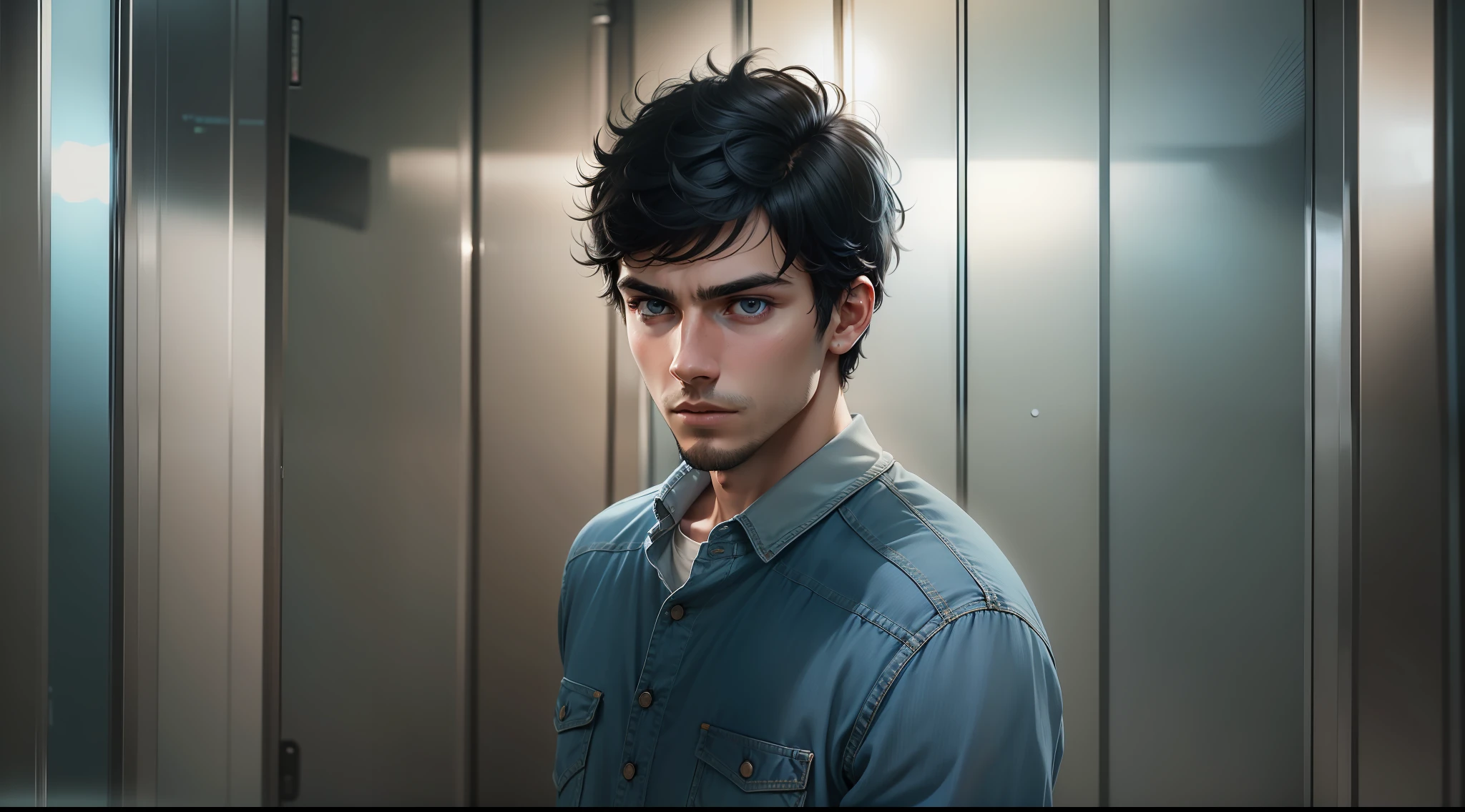 Ultra realistic image of a 25 year old man, short black hair, 8k, dressed in a blue shirt and jeans, apprehensive expression, inside an elevator