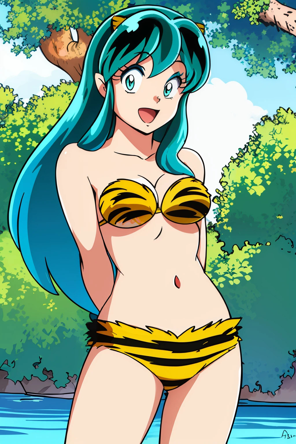 masterpiece, lum,
1girl:1.2, solo:1.2,
medium breasts, bikini, tiger print, :d, beach, ocean,
facing viewer, looking at viewer, portrait, arms behind back,