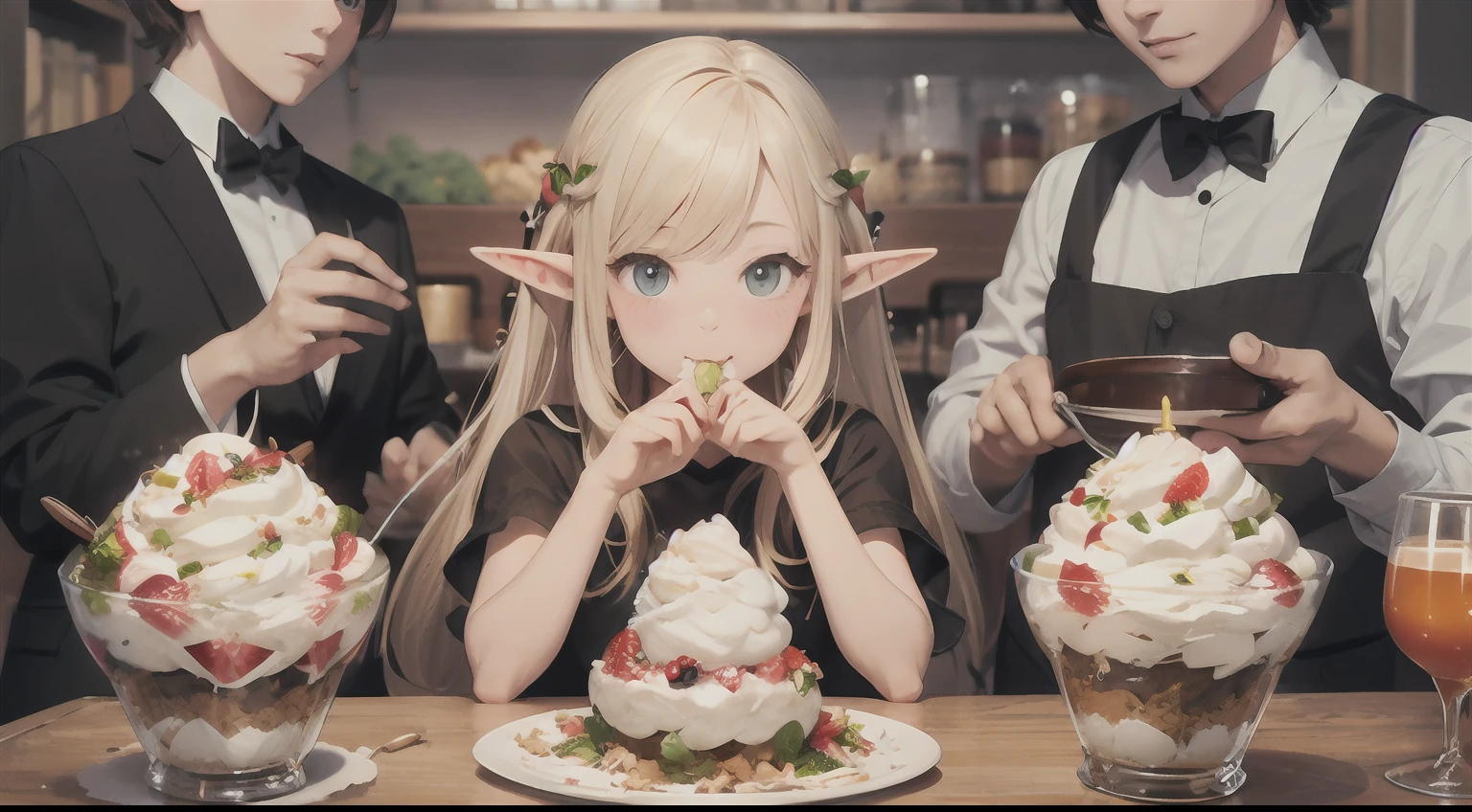 Realistic hand drawn style with cute elf characters、Everyone is eating a big parfait for the party