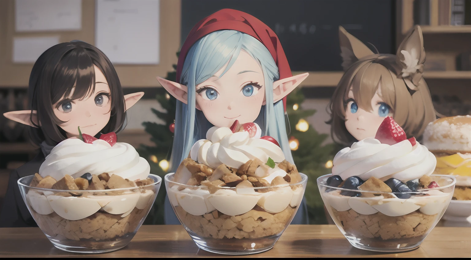 Realistic hand drawn style with cute elf characters、Everyone is eating a big parfait for the party