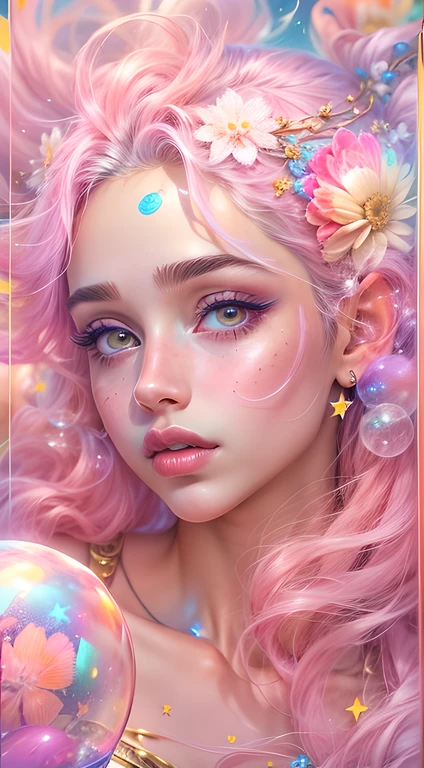 ((masterpiece)). This artwork is sweet, dreamy and ethereal, with soft pink watercolor hues and candy accents. Generate a delicate and demure fae exploring a (bubblegum world with a wide variety of pastel shades). Her sweet face is extremely detailed and realistic with elegant features and a fierce expression, and looks like ((((naomi scott)))). Include mature features and stunning, highly realistic eyes. Her eyes are important and should be realistic, highly detailed, and beautiful. In high definition and detail, include lots of details like stars, galaxies, colorful bubbles, colorful petals, and lots of energy and emotion! The stars and colorful bubblegum bubbles are important! Include fantasy details, enhanced details, iridescence, colorful glittering wind, and pollen. Pay special attention to her face and make sure it is beautifully and realistically detailed. The image should be dreamy and ethereal.8k, intricate, elegant, highly detailed, majestic, digital photography
