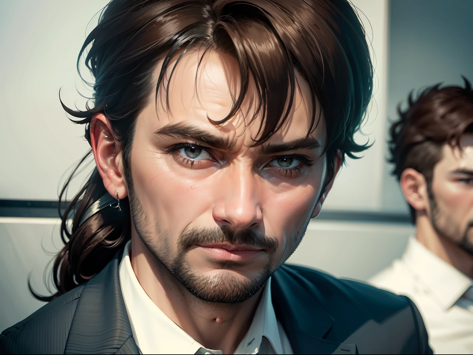 A close-up of the manager's face, showing a cunning and calculating demeanor.