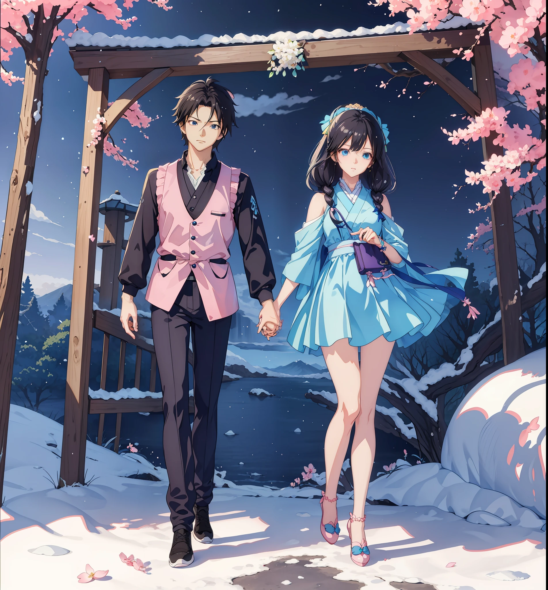 Little couple walking on the sidewalk at night, Guviz-style artwork, Guviz, Realistic anime 3 D style, anime styled 3d, trending on cgstation, Anime style. 8K, Style anime, cute couple,, high quality portrait, 3 d anime realistic