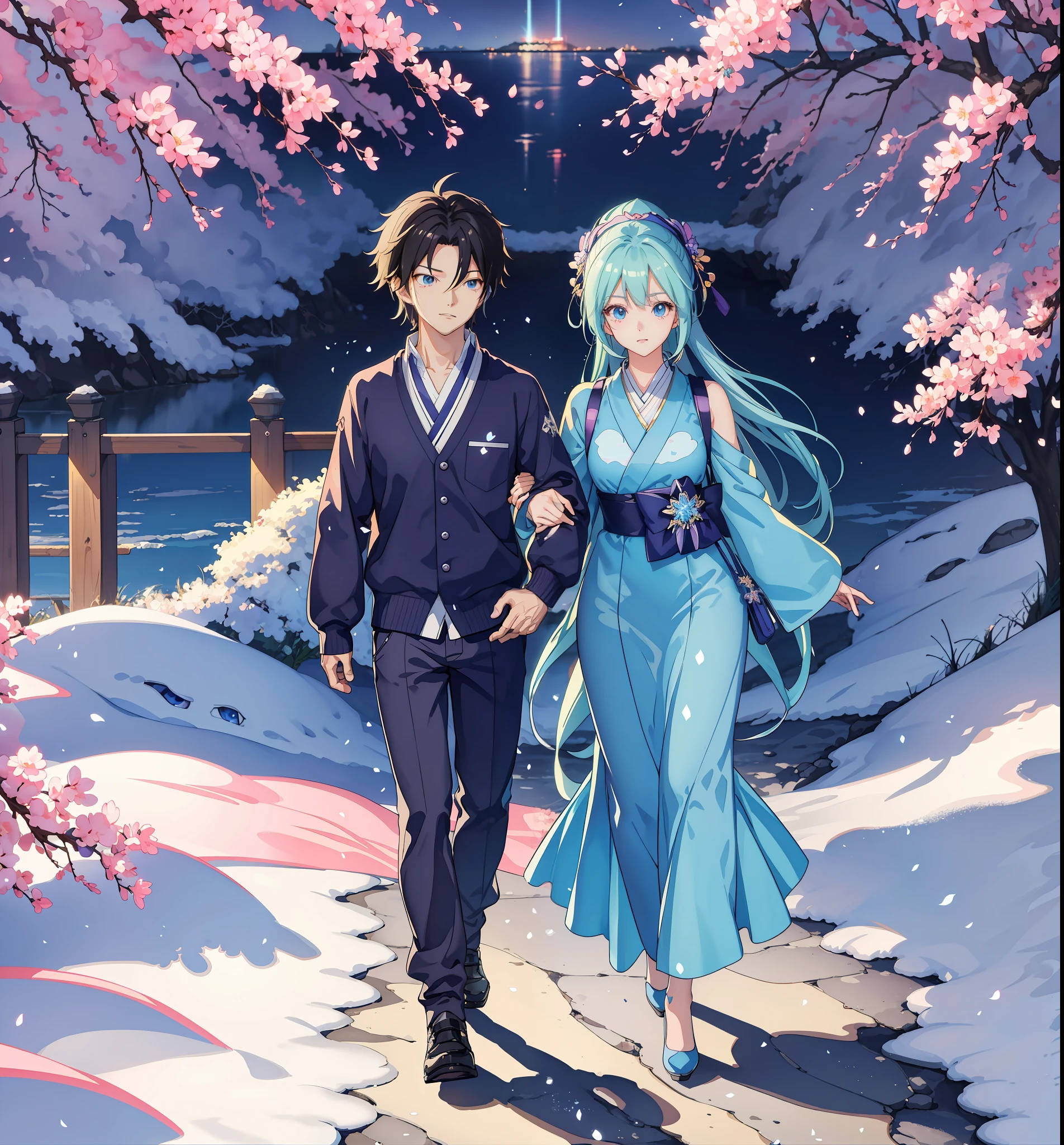 Little couple walking on the sidewalk at night, Guviz-style artwork, Guviz, Realistic anime 3 D style, anime styled 3d, trending on cgstation, Anime style. 8K, Style anime, cute couple,, high quality portrait, 3 d anime realistic