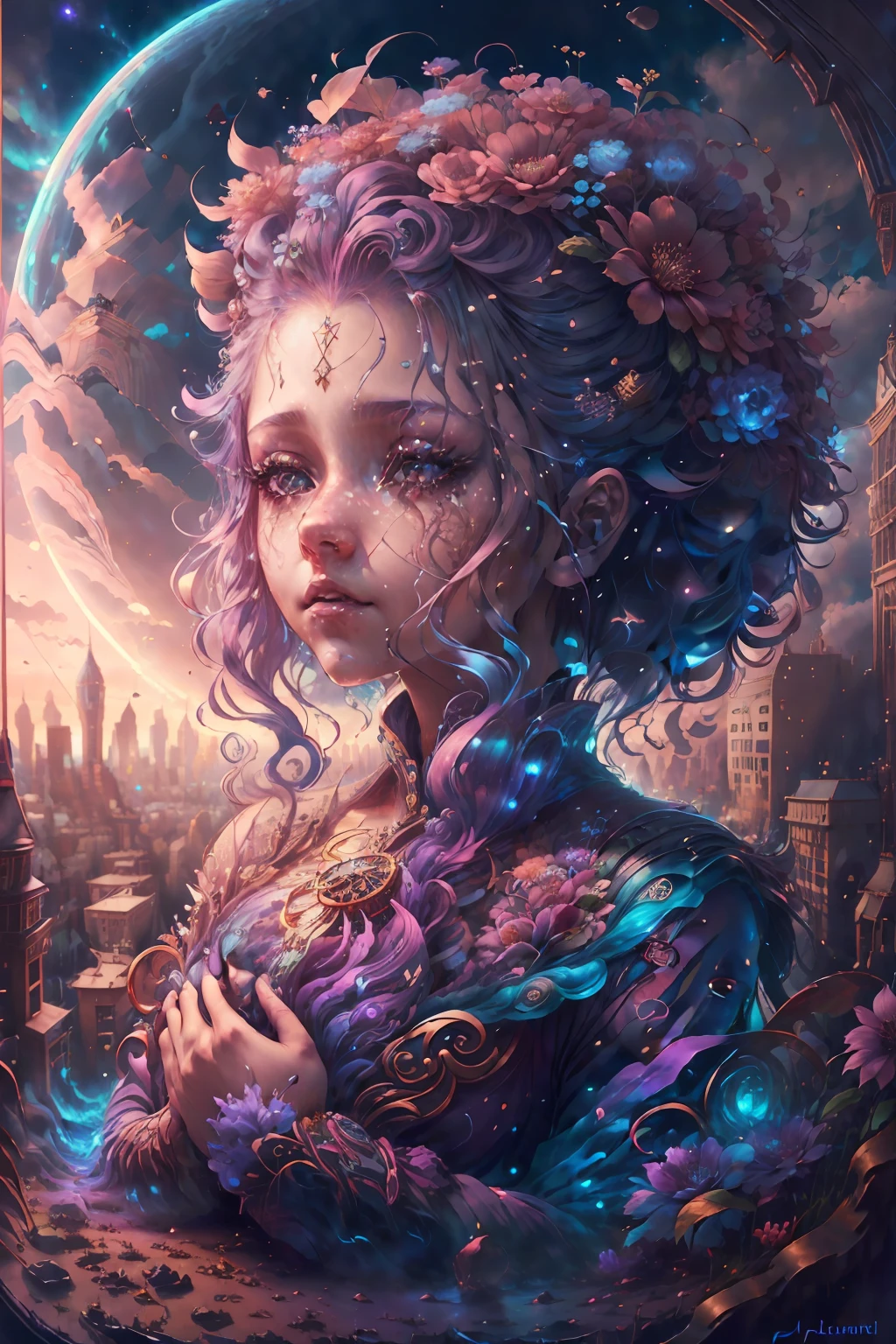 fantasy00d, young girl, tempera (medium), cunning, kaitlynn peavler, epic fantasy, bloom, city, Grandiose,