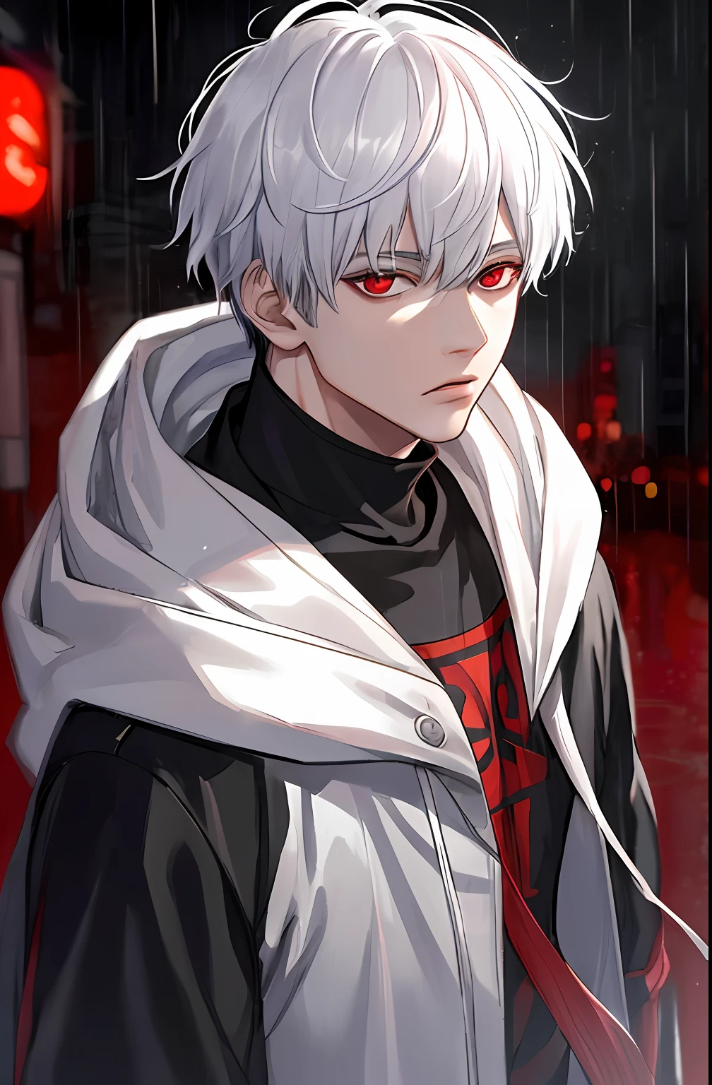 kk, best quality, more details, masterpiece, 1boy, kaneki ken, portrait, male focus, red eyes, solo, bangs, looking at viewer, hood, short hair, rain, tokyo tokyo \(city\), hood up, nail polish, white hair, luxurious, 8k, detailed, ray tracing, depth of field, cinematic lighting,
