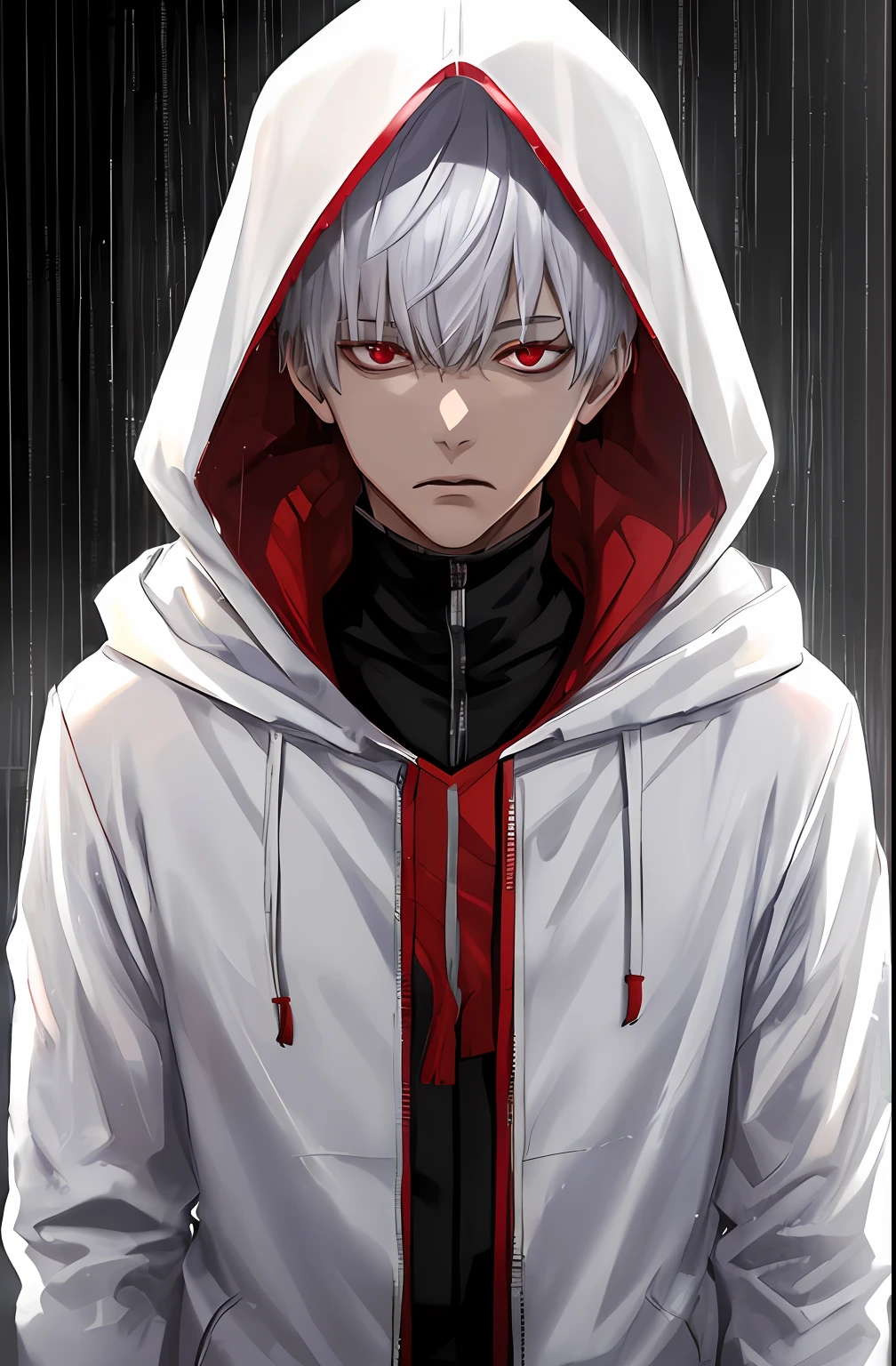 kk, best quality, more details, masterpiece, 1boy, kaneki ken, portrait, male focus, red eyes, solo, bangs, looking at viewer, hood, short hair, rain, tokyo tokyo \(city\),  hood up, nail polish, white hair, luxurious, 8k, detailed, ray tracing, depth of field, cinematic lighting,