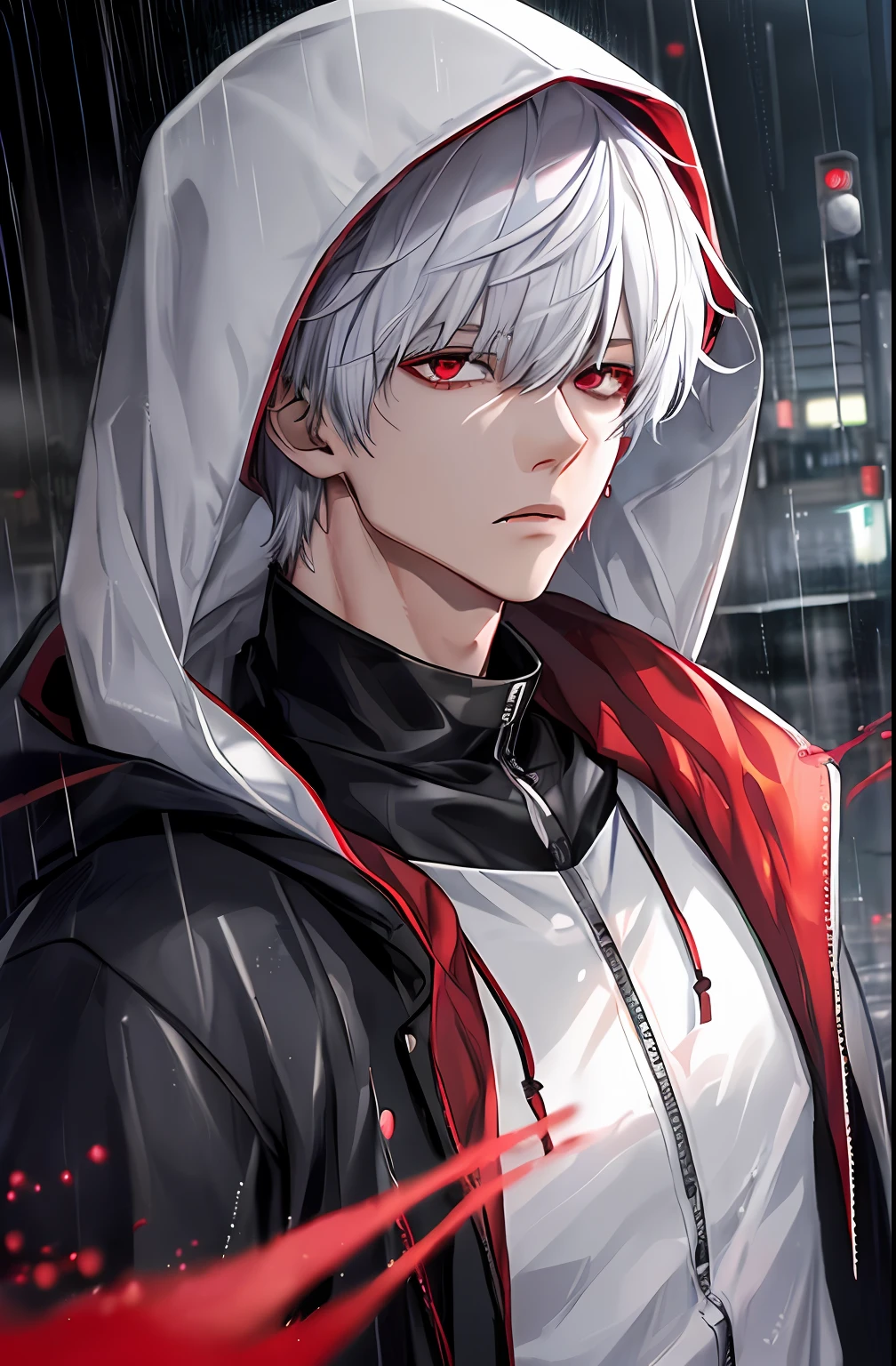 kk, best quality, more details, masterpiece, 1boy, kaneki ken, portrait, male focus, red eyes, solo, bangs, looking at viewer, hood, short hair, rain, tokyo tokyo \(city\), hood up, nail polish, white hair, luxurious, 8k, detailed, ray tracing, depth of field, cinematic lighting,