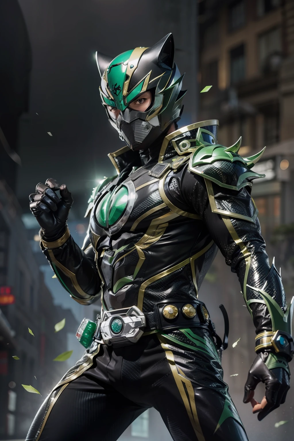 um kamen rider preto com o tema de jaguar e olhos verdes brilhantes