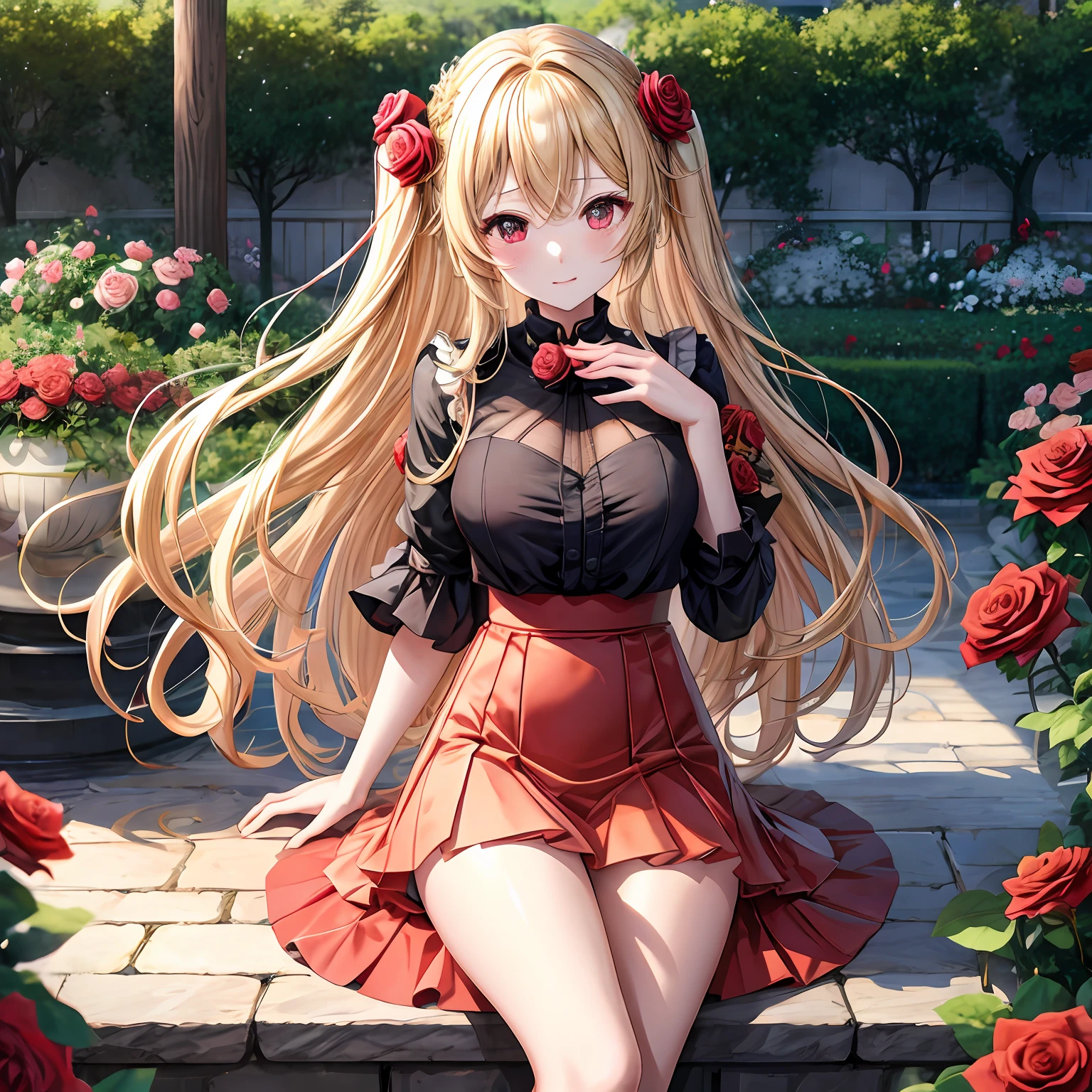 Wavy blonde、red eyes、One pretty girl、独奏、animesque、a miniskirt、A sexy、rose garden、