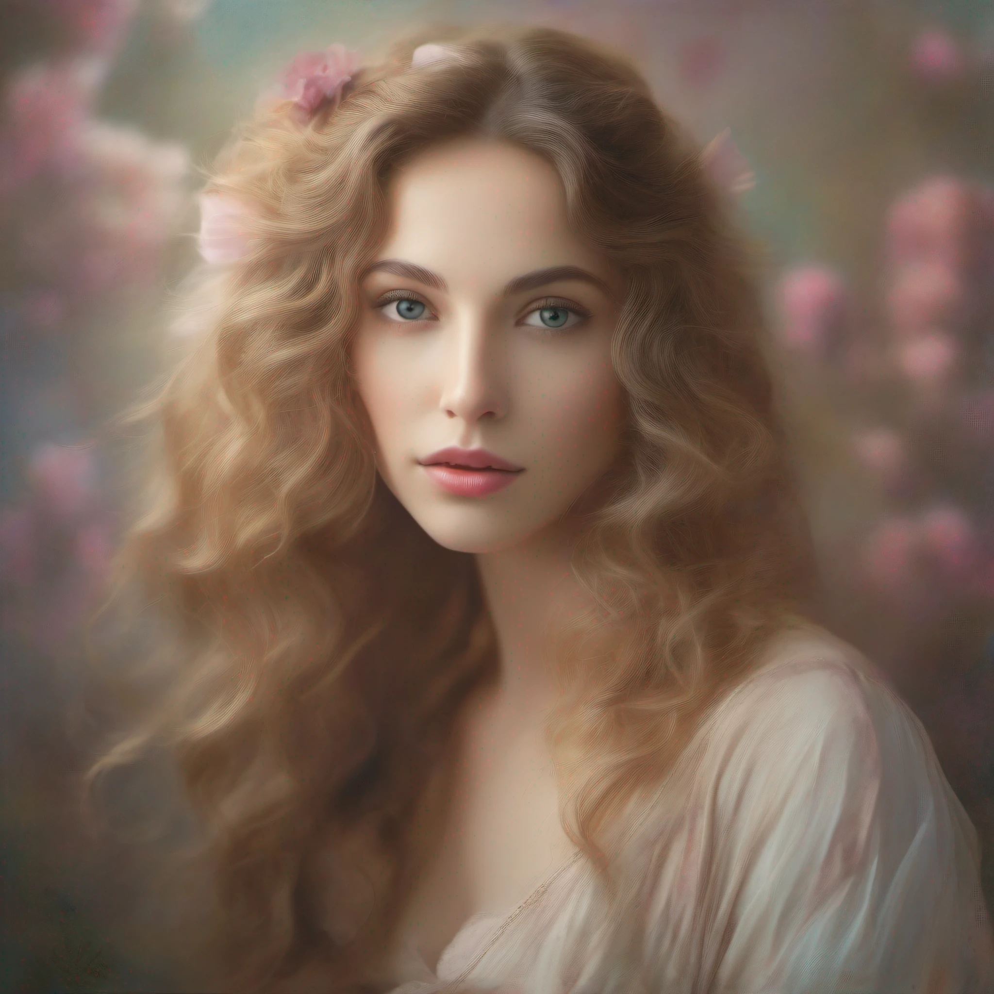 Medium shot, Aphrodite, elegant, Beautiful, Flowing hair, Nikon D850 camera, 85mm lens, Soft studio lighting, Pastel Groden color scheme, Neoclassical fine art painting, Subtle grained texture, Soft shadows and highlights were later added, Best quality, Beautiful, filmgrain
