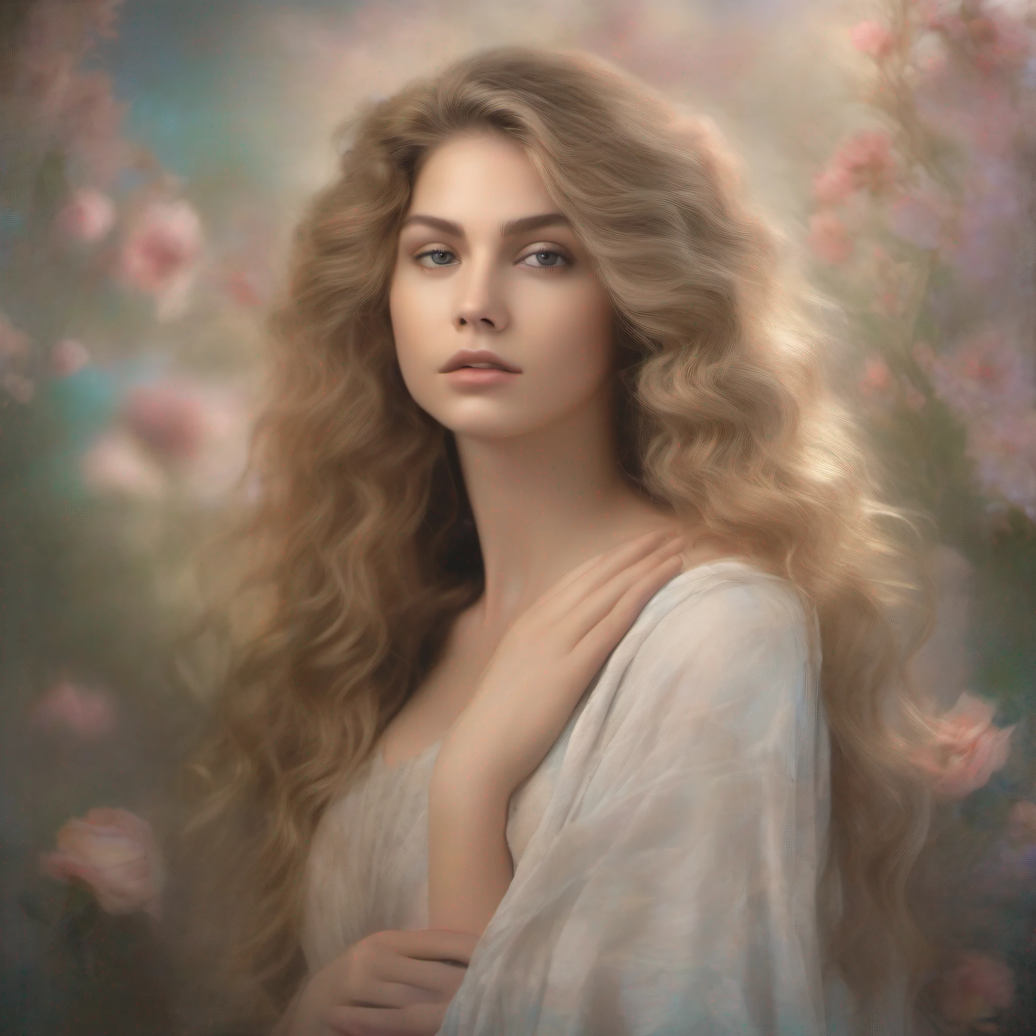 Medium shot, Aphrodite, elegant, Beautiful, Flowing hair, Nikon D850 camera, 85mm lens, Soft studio lighting, Pastel Groden color scheme, Neoclassical fine art painting, Subtle grained texture, Soft shadows and highlights were later added, Best quality, Beautiful, filmgrain