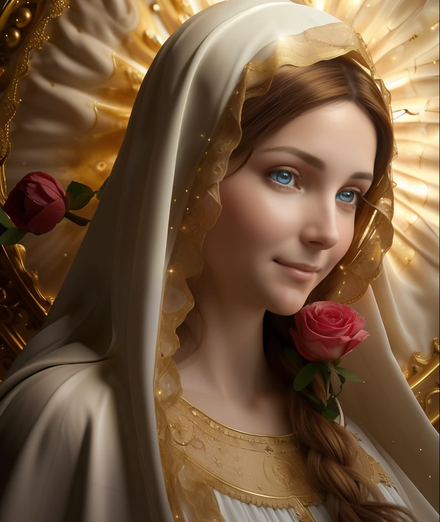 ((( Holy Virgin Mary, without any smile))) Obra maestra, (La mejor calidad: 1.2), (super fine: 1.2), illustration, (extremadamente delicado y hermoso: 1.2), movie angle, flotante, (Hermoso ojo de detalle: 1.1), (detalle luz: 1.1), Movie Lights, Cielo delicado, ojos azules, (Cola de caballo alta: 1.1), capa, ojuelos, (luna: 1. 2), (Luz de la luna: 1.1), cielo estrellado, (light particles: 1.1) dibujo, flor. (Obra maestra), (La mejor calidad), (fotorrealista:1.3), 8k, Textura detallada de la piel, Textura detallada de la tela, Hermosa cara detallada, Detalles intrincados, Ultra detallado (cuerpo de cuerpo entero:1.2)