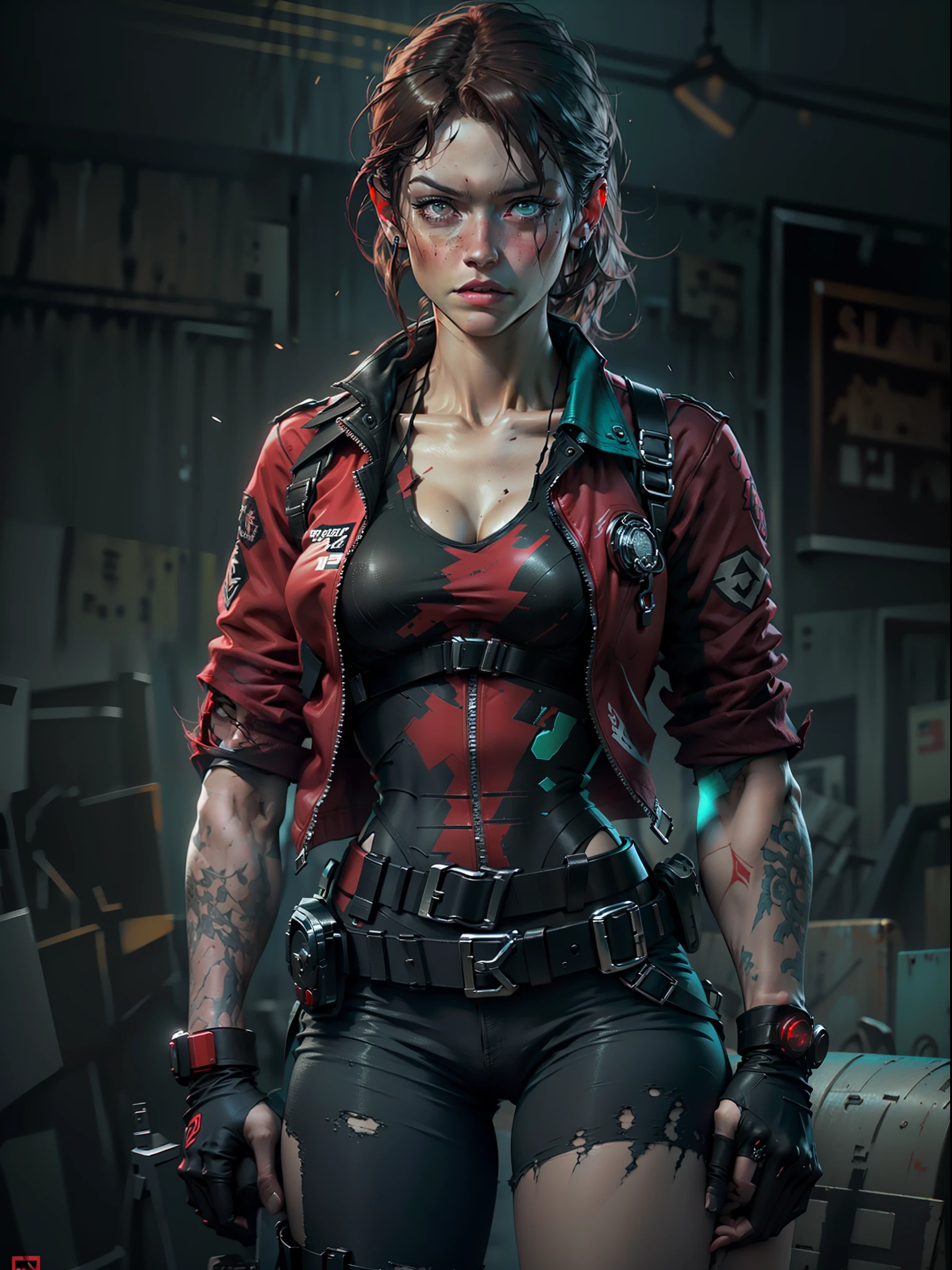 Claire Redfield com a roupa do Resident Evil 2, rosto altamente detalhado, sexy, corpo inteiro, cores ricas, bonito contraste, hiper realista, textura realista, 8K, cidade noturna, neblina