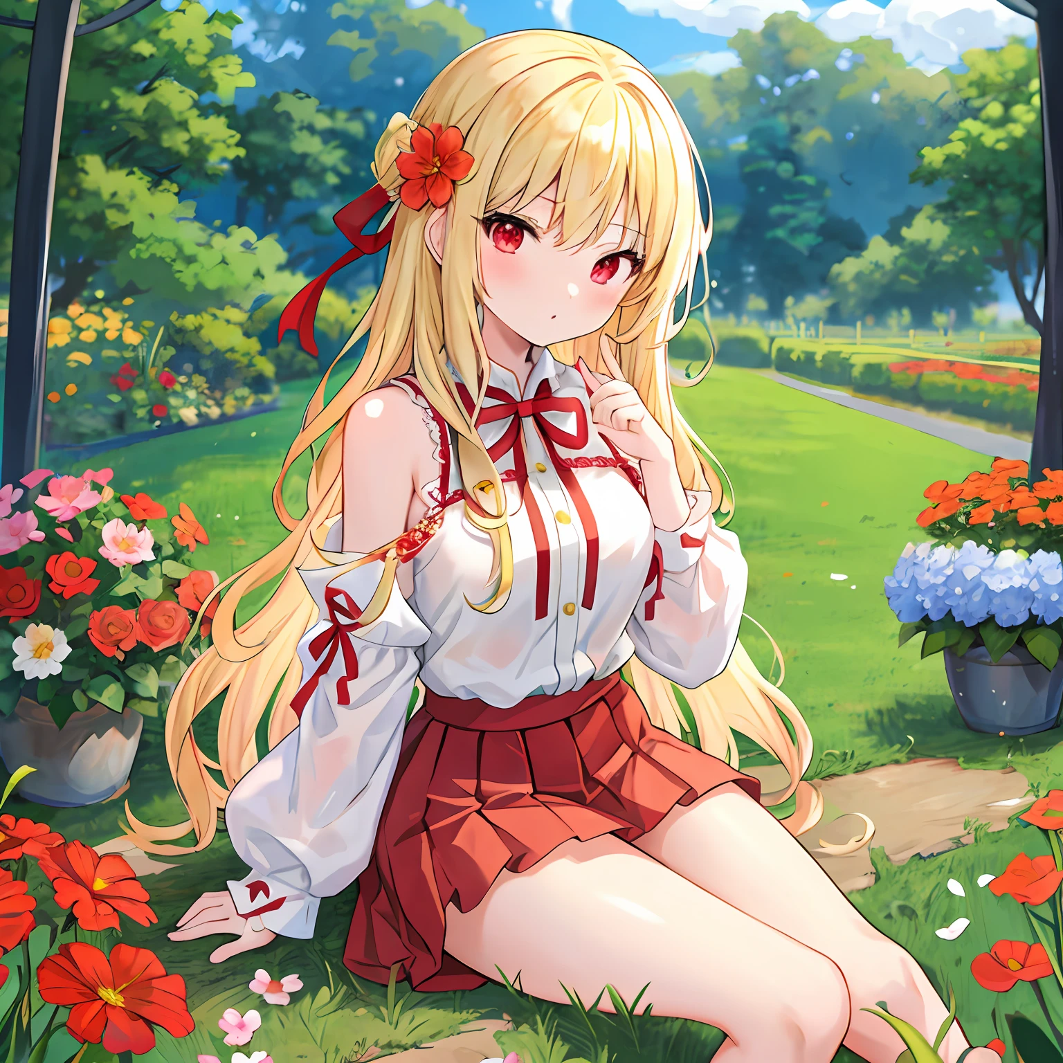 Wavy blonde hair、red eyes、One pretty girl、独奏、animesque、off shoulders、a miniskirt、sitting on、A sexy、flower field