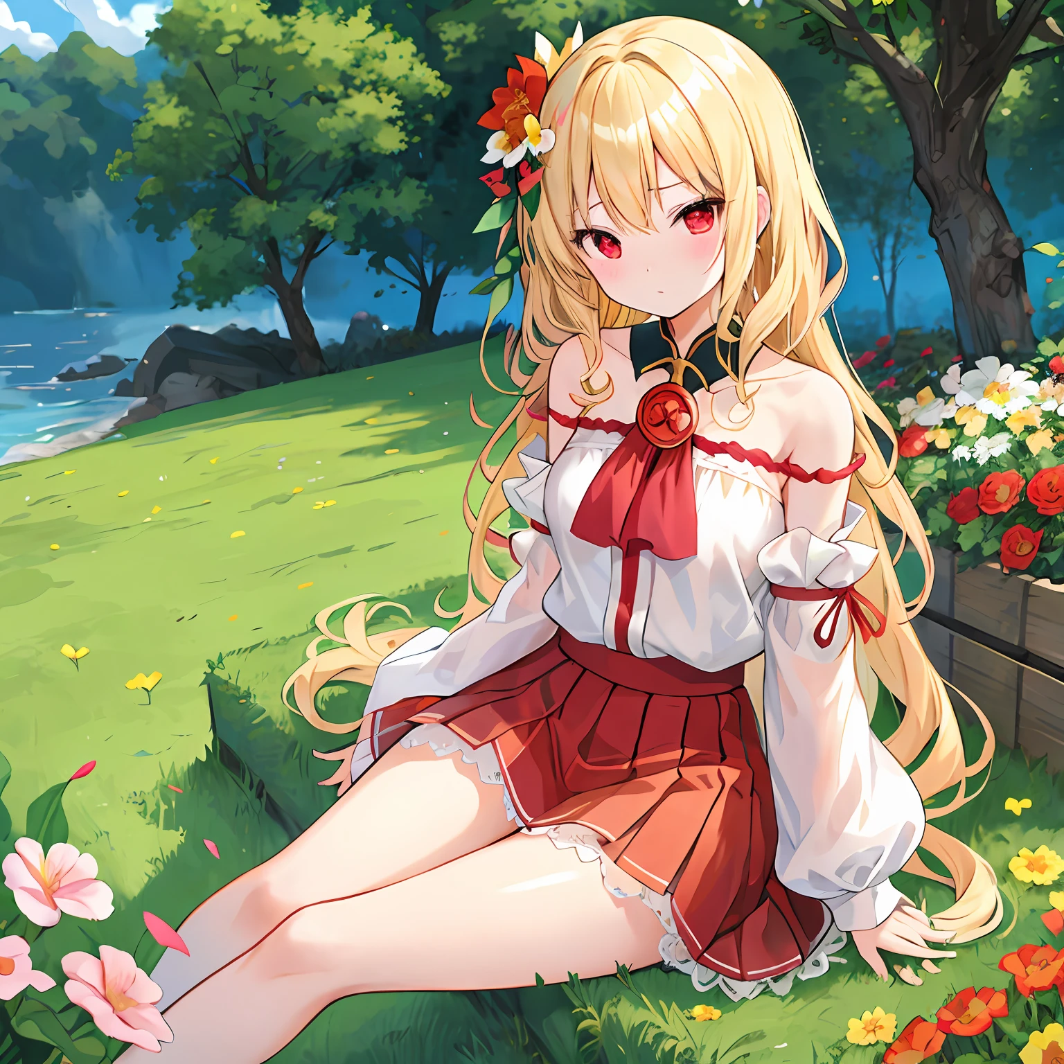 Wavy blonde hair、red eyes、One pretty girl、独奏、animesque、off shoulders、a miniskirt、sitting on、A sexy、flower  field