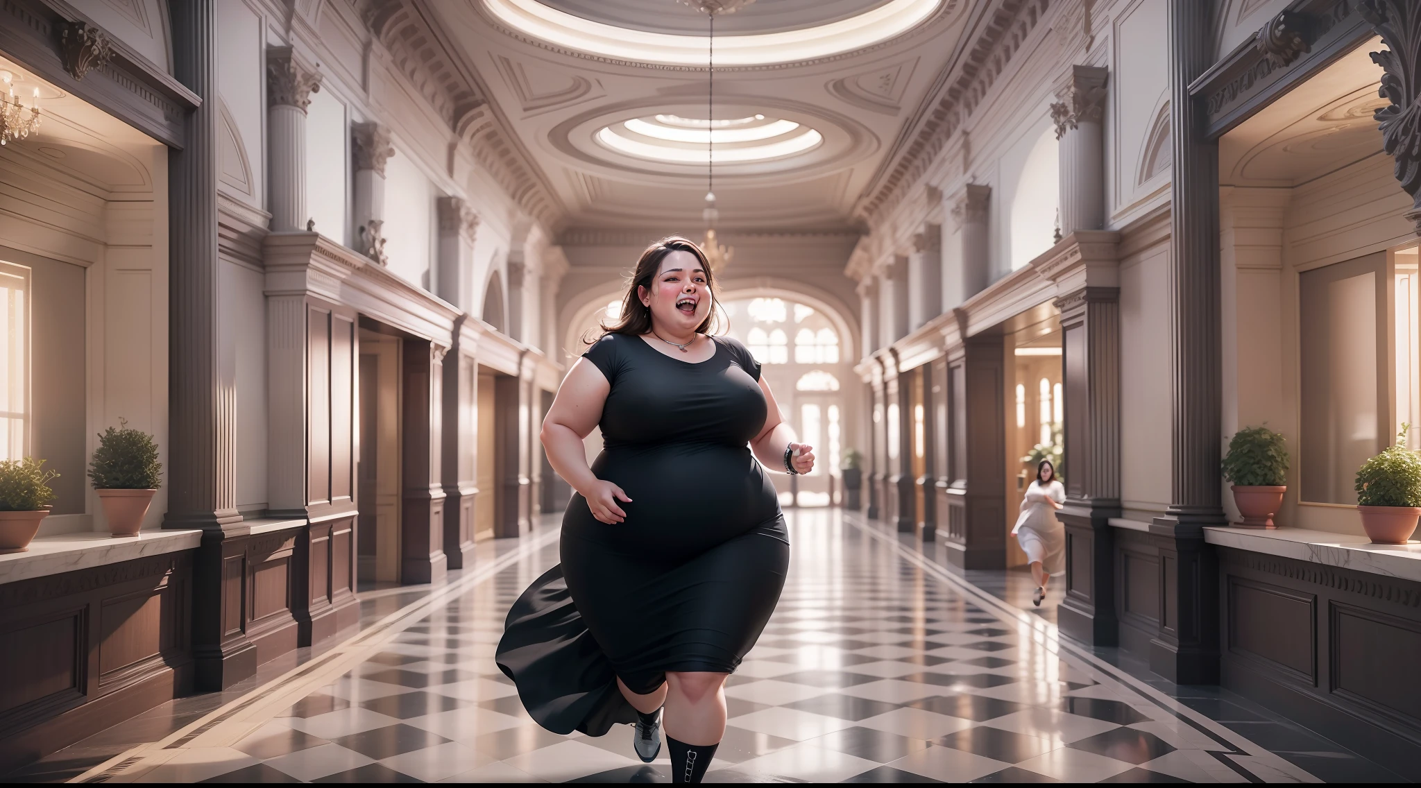 Ultra realistic, 8k image of a fat, smiling lady, dressed in a black elegant dress, running in the first floor hall of an administrative building
