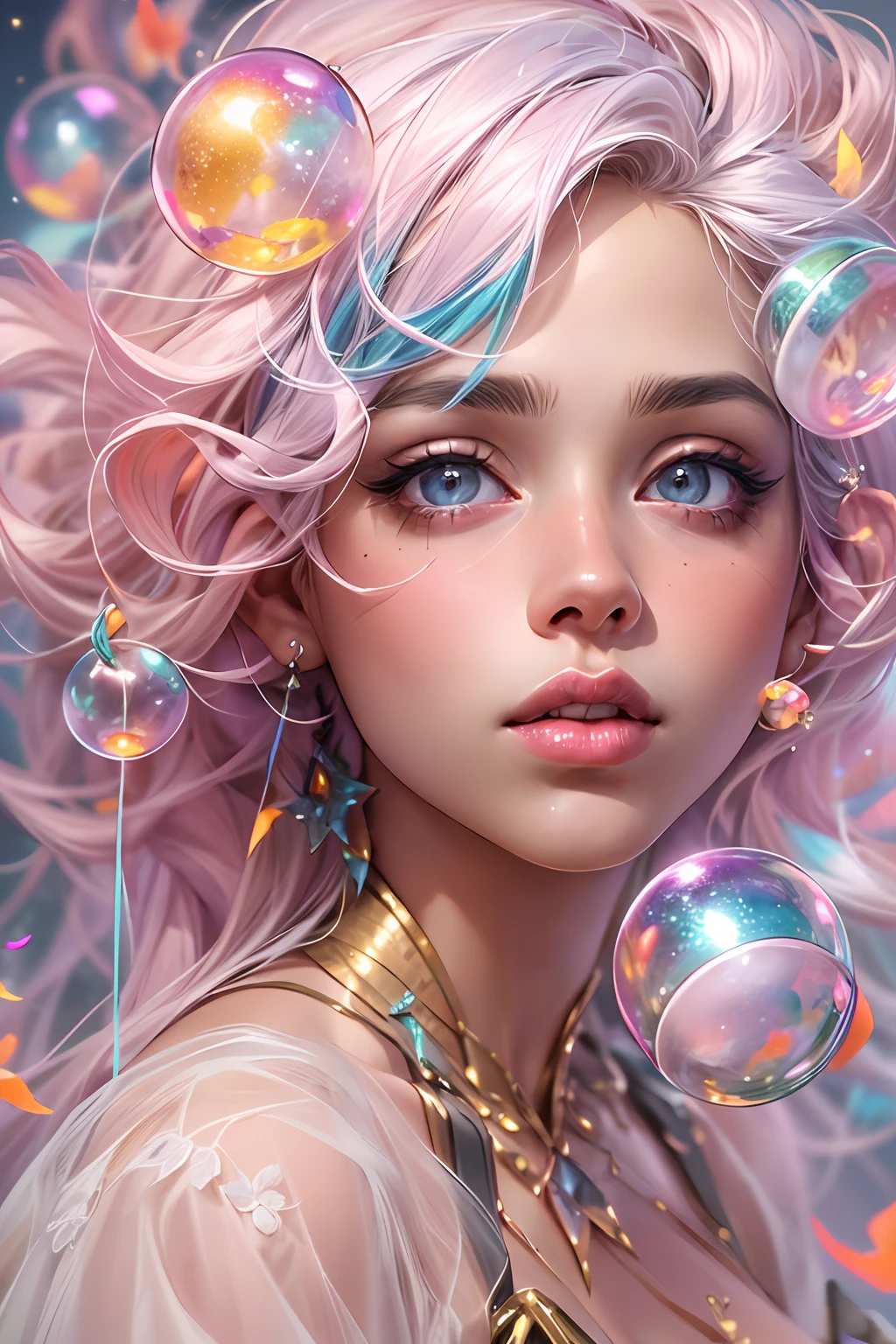 ((masterpiece)). This artwork is sweet, dreamy and ethereal, with soft pink watercolor hues and candy accents. Generate a delicate and demure fae exploring a (bubblegum world with a wide variety of pastel shades). Her sweet face is extremely detailed and realistic with elegant features and a fierce expression, and looks like ((((naomi scott)))). Include mature features and stunning, highly realistic eyes. Her eyes are important and should be realistic, highly detailed, and beautiful. In high definition and detail, include lots of details like stars, galaxies, colorful bubbles, colorful petals, and lots of energy and emotion! The stars and colorful bubblegum bubbles are important! Include fantasy details, enhanced details, iridescence, colorful glittering wind, and pollen. Pay special attention to her face and make sure it is beautifully and realistically detailed. The image should be dreamy and ethereal.8k, intricate, elegant, highly detailed, majestic, digital photography