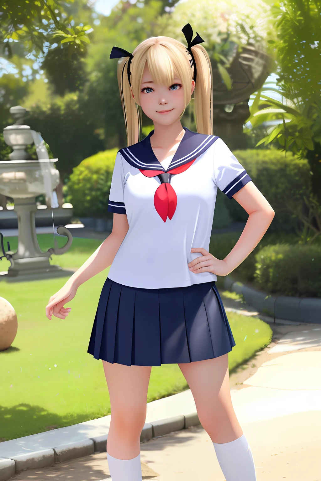 Top image quality、8K picture quality、hightquality、detailed picture、ngtw、1girll、独奏、Full Body Marie Rose、a smile、Embarrassing、red blush、small plump breasts、Laughter in the chest、slenderbody、Summer short-sleeved sailor suit、Short length、Red collar ornament、The navel is visible、Dark blue super mini pleated skirt、 (((skirt litt)))、Black C-Strinks、C-strings in full view、Standing Pose、Open your legs shoulder-width apart and protrude your hips forward、Black High Socks、Brown loafers、gazing at viewer、Facing the viewer、White thighs looking at C-strings、Glamorous、frilld、Stone corridor