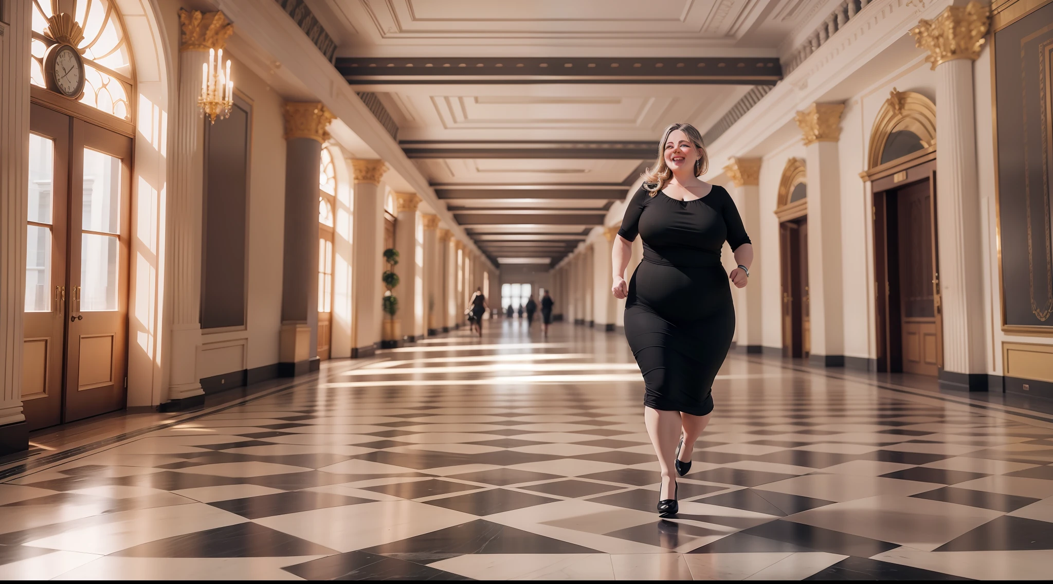 Ultra realistic, 8k image of a fat, smiling lady, dressed in a black elegant dress, running in the first floor hall of an administrative building