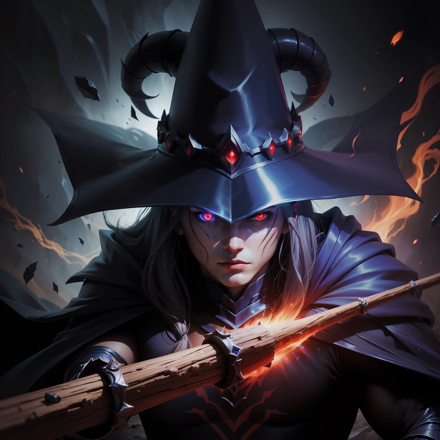 The Dark Magician, 8k, realistic,dark underworld, stick, red eyes,