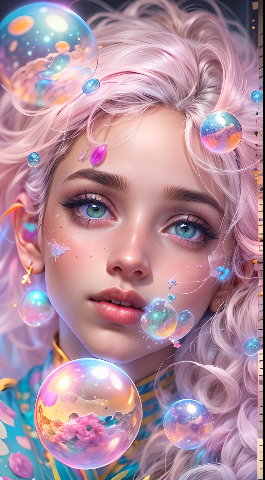 ((masterpiece)). This artwork is sweet, dreamy and ethereal, with soft pink watercolor hues and candy accents. Generate a delicate and demure fae exploring a (bubblegum world with a wide variety of pastel shades). Her sweet face is extremely detailed and realistic with elegant features and a fierce expression, and looks like ((((naomi scott)))). Include mature features and stunning, highly realistic eyes. Her eyes are important and should be realistic, highly detailed, and beautiful. In high definition and detail, include lots of details like stars, galaxies, colorful bubbles, colorful petals, and lots of energy and emotion! The stars and colorful bubblegum bubbles are important! Include fantasy details, enhanced details, iridescence, colorful glittering wind, and pollen. Pay special attention to her face and make sure it is beautifully and realistically detailed. The image should be dreamy and ethereal.8k, intricate, elegant, highly detailed, majestic, digital photography