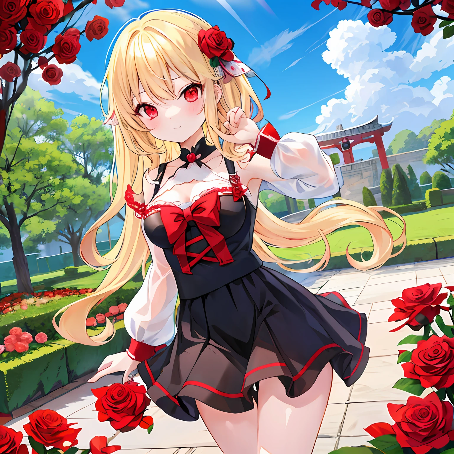 Wavy blonde、red eyes、One pretty girl、独奏、animesque、a miniskirt、A sexy、rose garden、