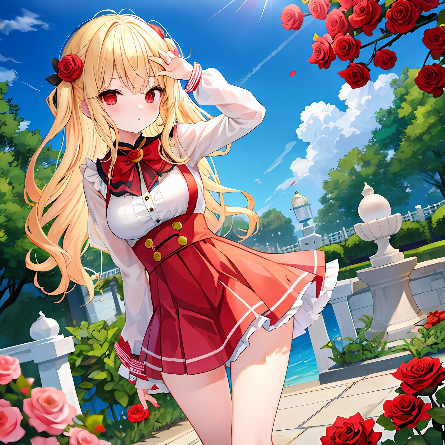 Wavy blonde、red eyes、One pretty girl、独奏、animesque、a miniskirt、A sexy、rose garden、